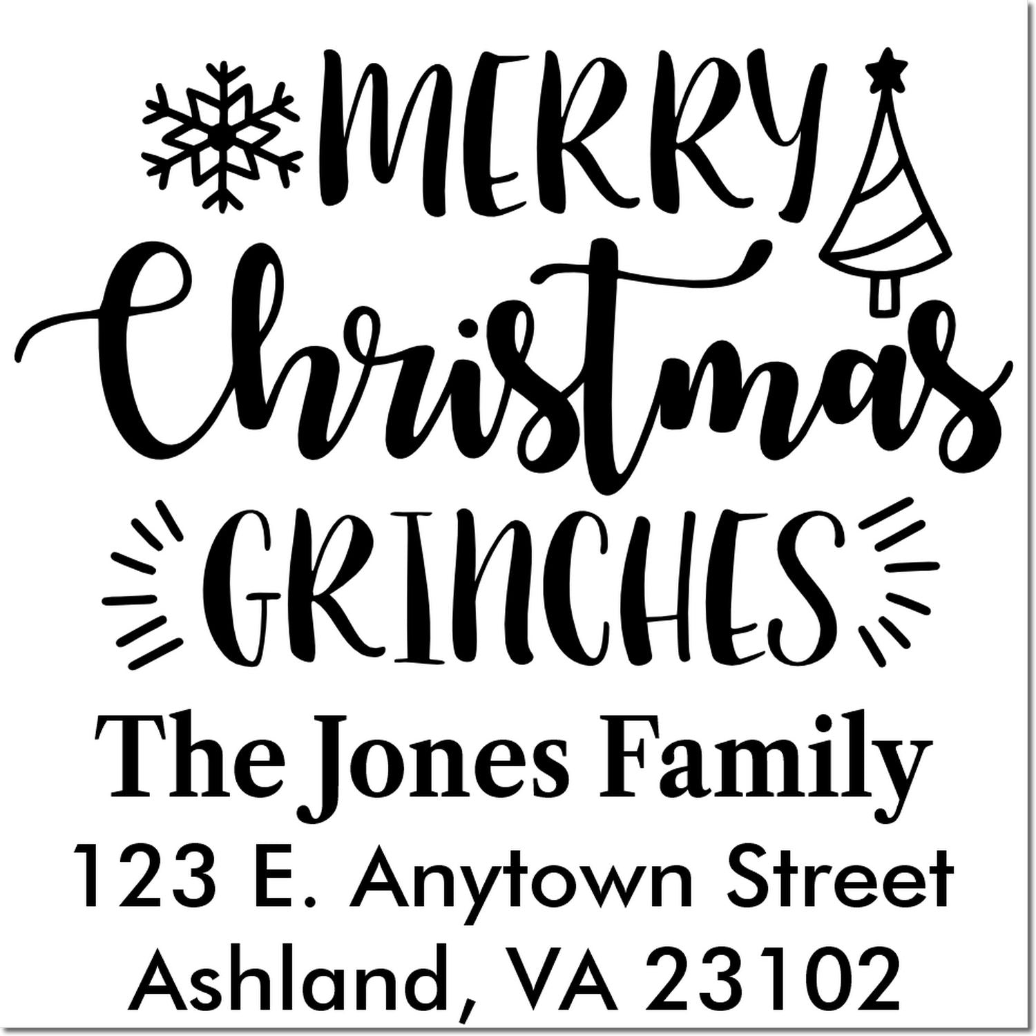 Custom Merry Christmas Grinches address rubber stamp for holiday cards, featuring The Jones Family and Ashland, VA address.