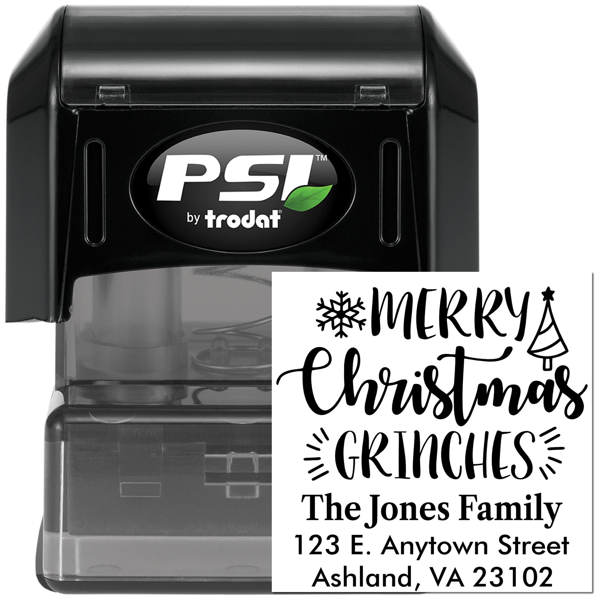 Custom Christmas return address self-inking rubber stamp with Merry Christmas Grinches design for holiday mailings.