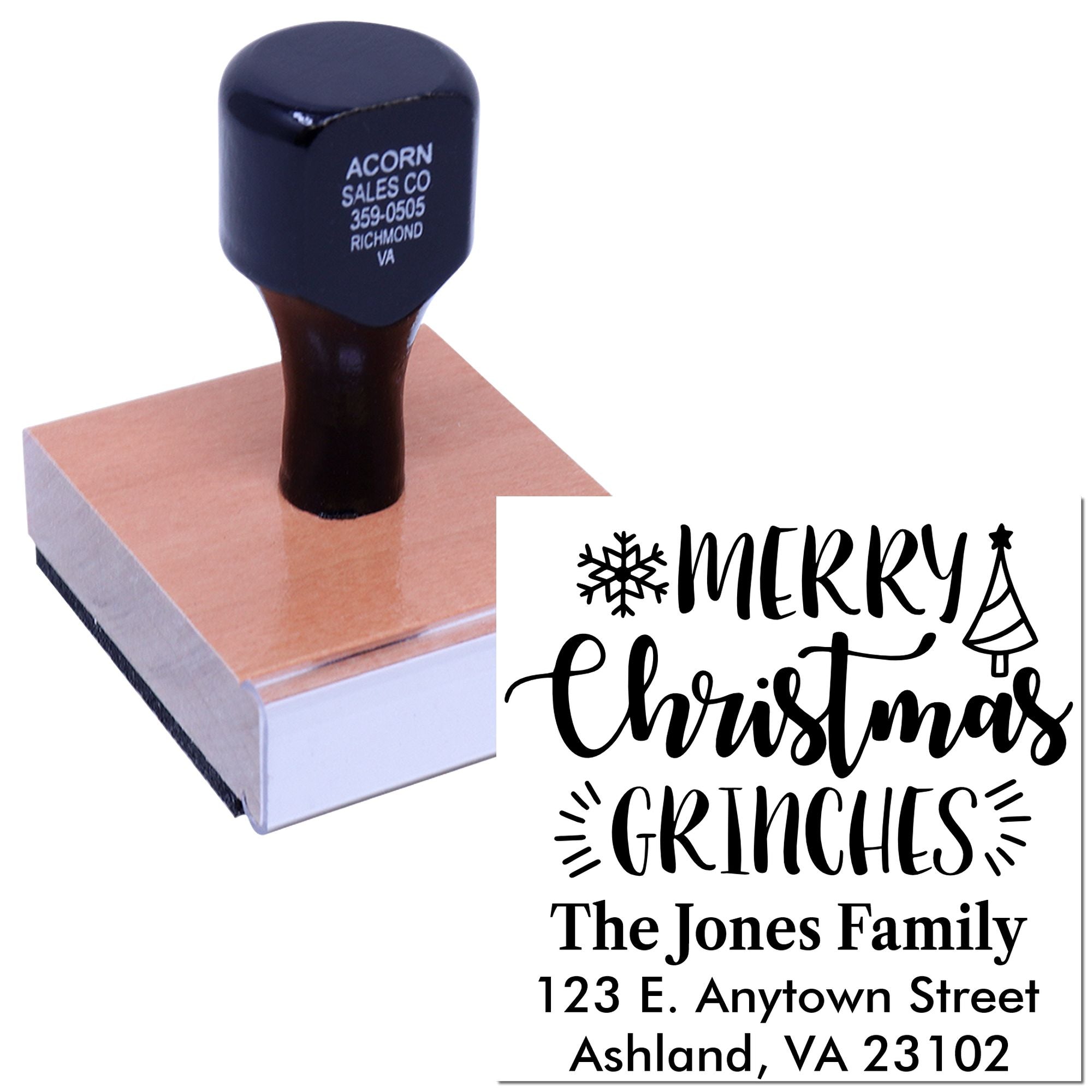 Custom Christmas rubber stamp with Merry Christmas Grinches return address design for holiday cards and mail.