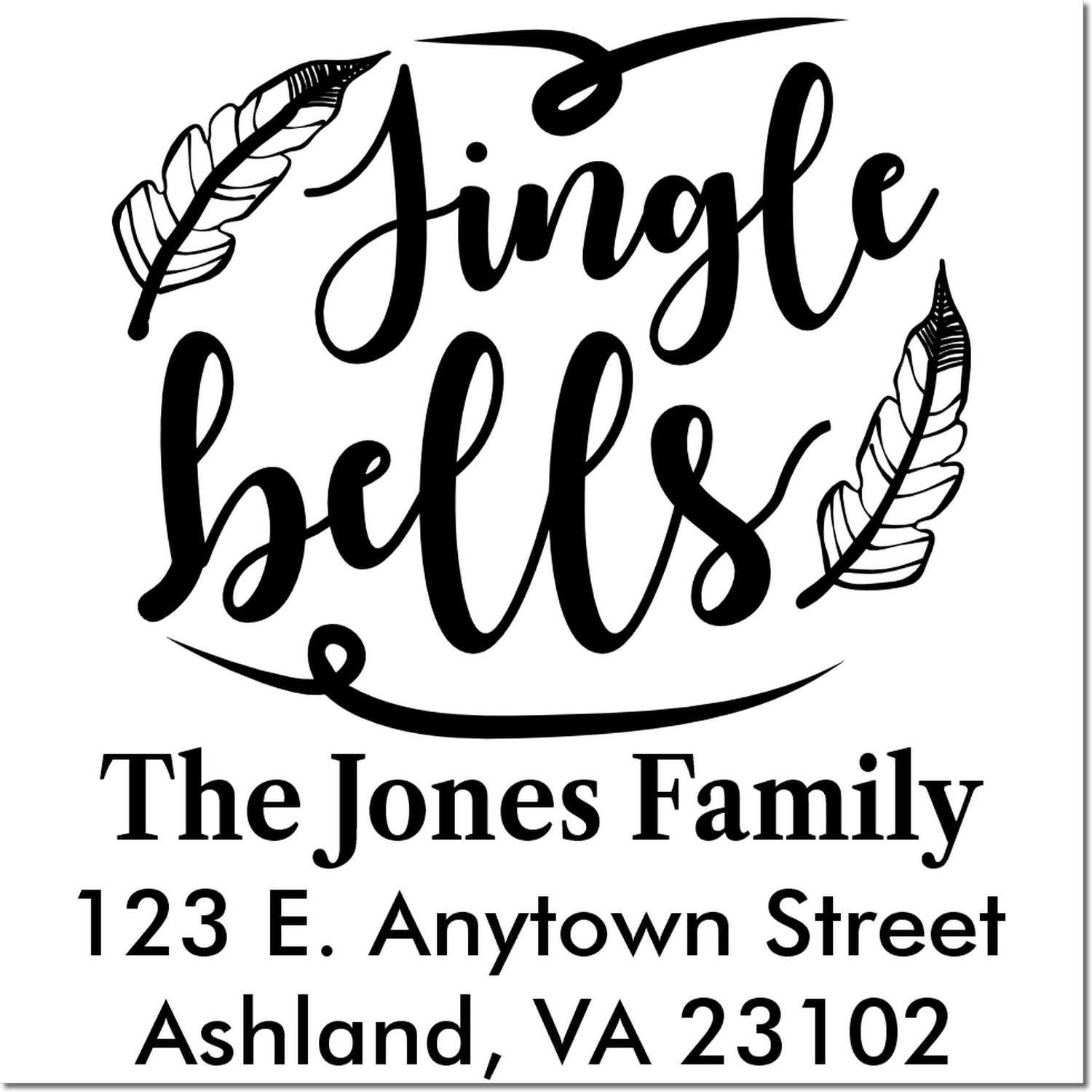 Custom holiday return address rubber stamp with Jingle Bells design, family name, and mailing address for Christmas cards and envelopes.