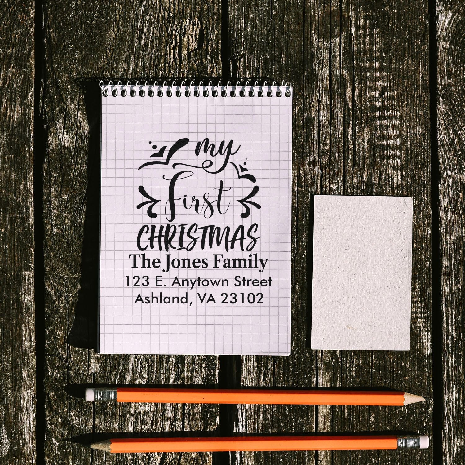 Personalized My First Christmas rubber stamp design with family name and address for custom holiday cards and return mailers.