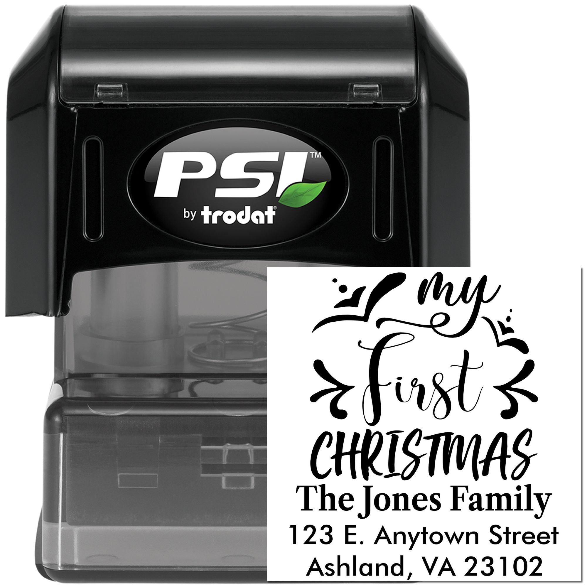 PSI by Trodat custom self-inking rubber stamp for first Christmas, with family name and return address design.