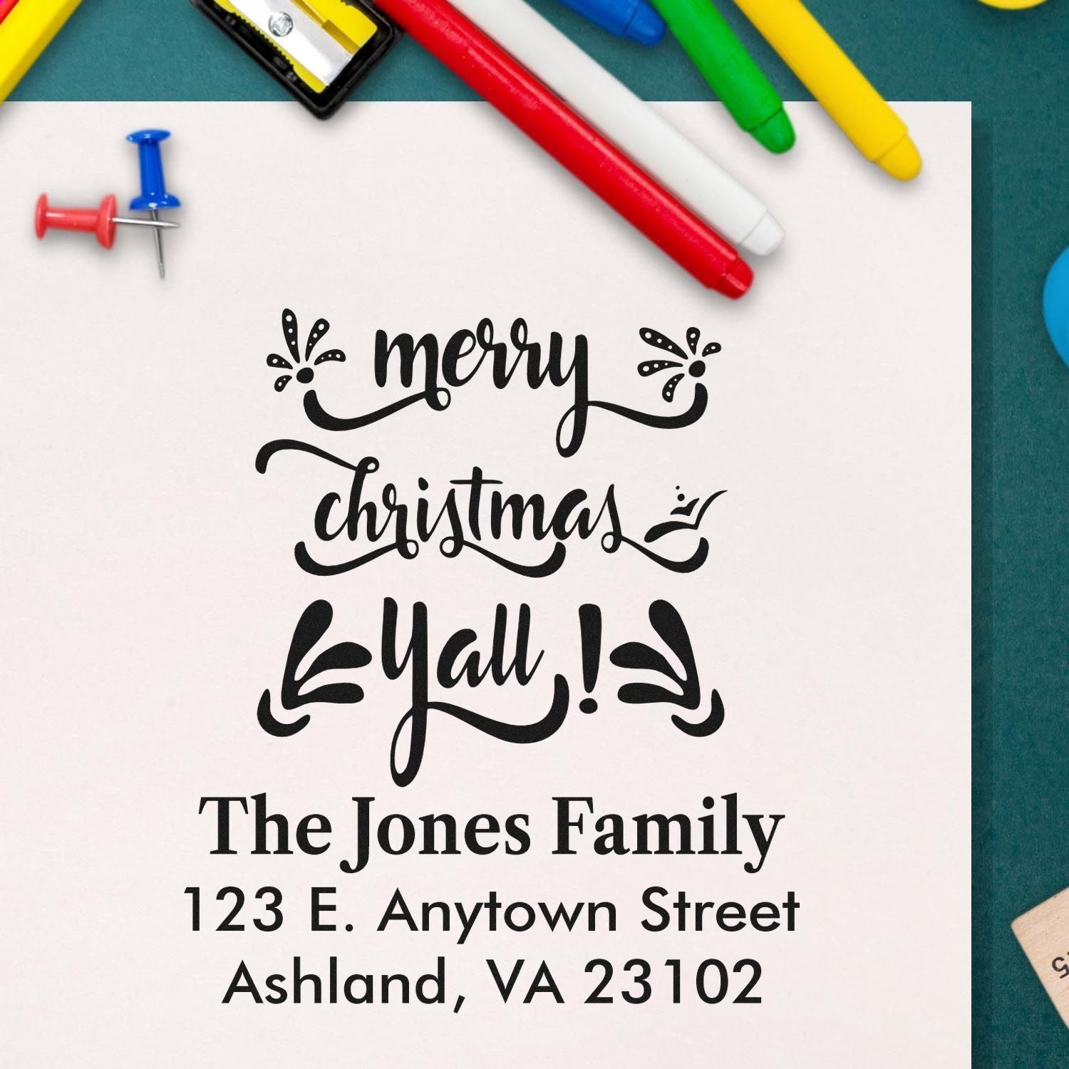 Personalized Merry Christmas Y'all return address rubber stamp for holiday cards with custom family name and address.
