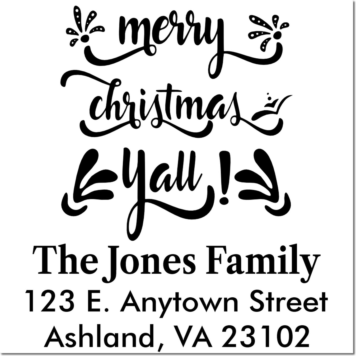 Custom Merry Christmas Yall address rubber stamp with family name and address for holiday cards.