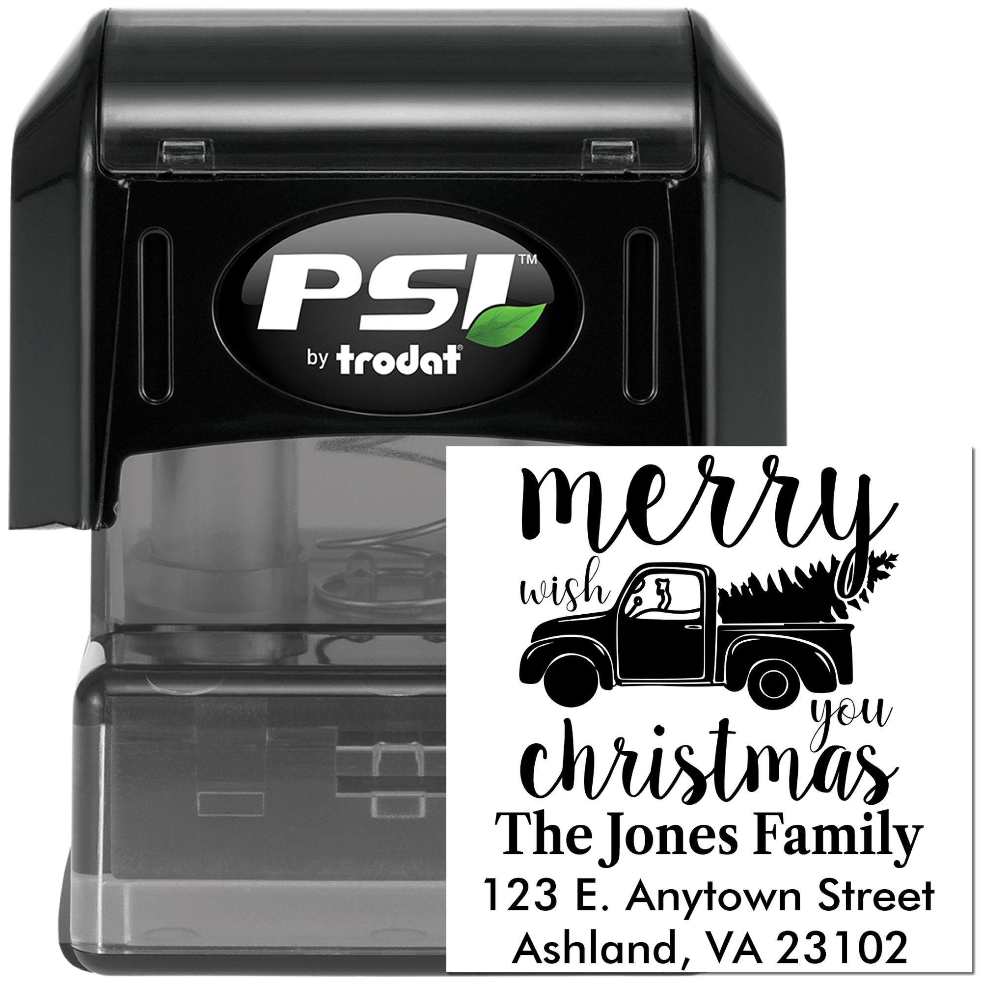 Custom self-inking rubber stamp with Merry Christmas pickup design, family name, and return address by PSI Trodat