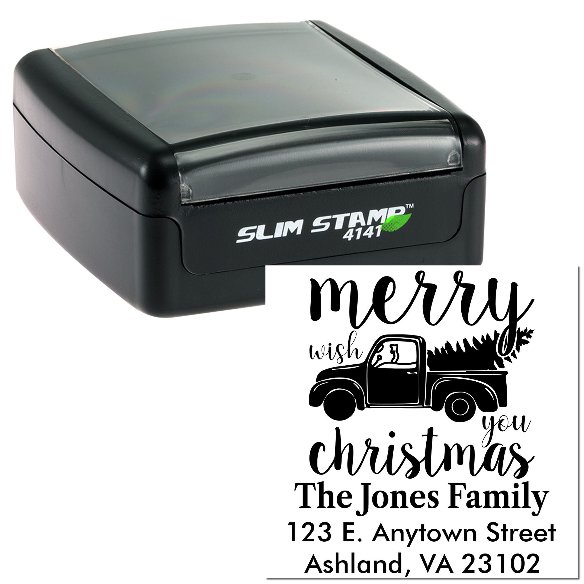Custom self-inking Christmas return address rubber stamp with pickup truck design for holiday mailings.