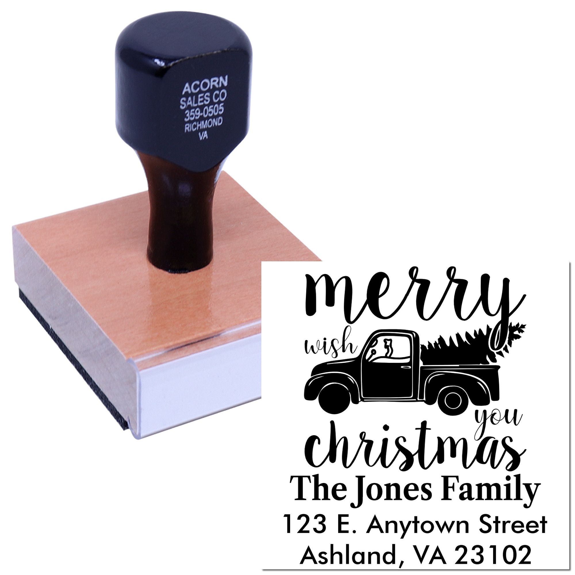 Custom holiday address rubber stamp with Merry Christmas truck design for The Jones Family, Ashland VA.
