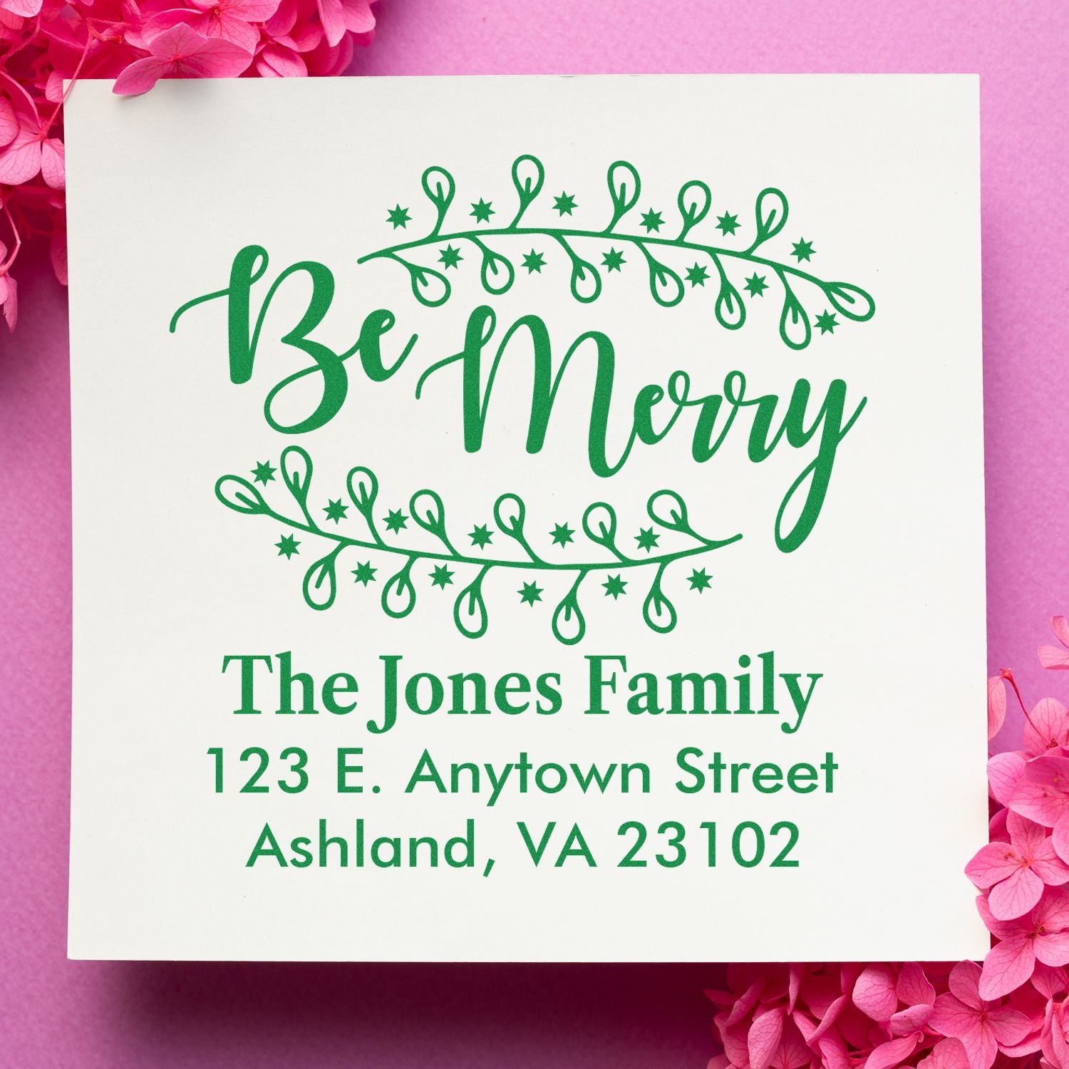Custom Be Merry holiday address rubber stamp with The Jones Family name and mailing address for Christmas cards.