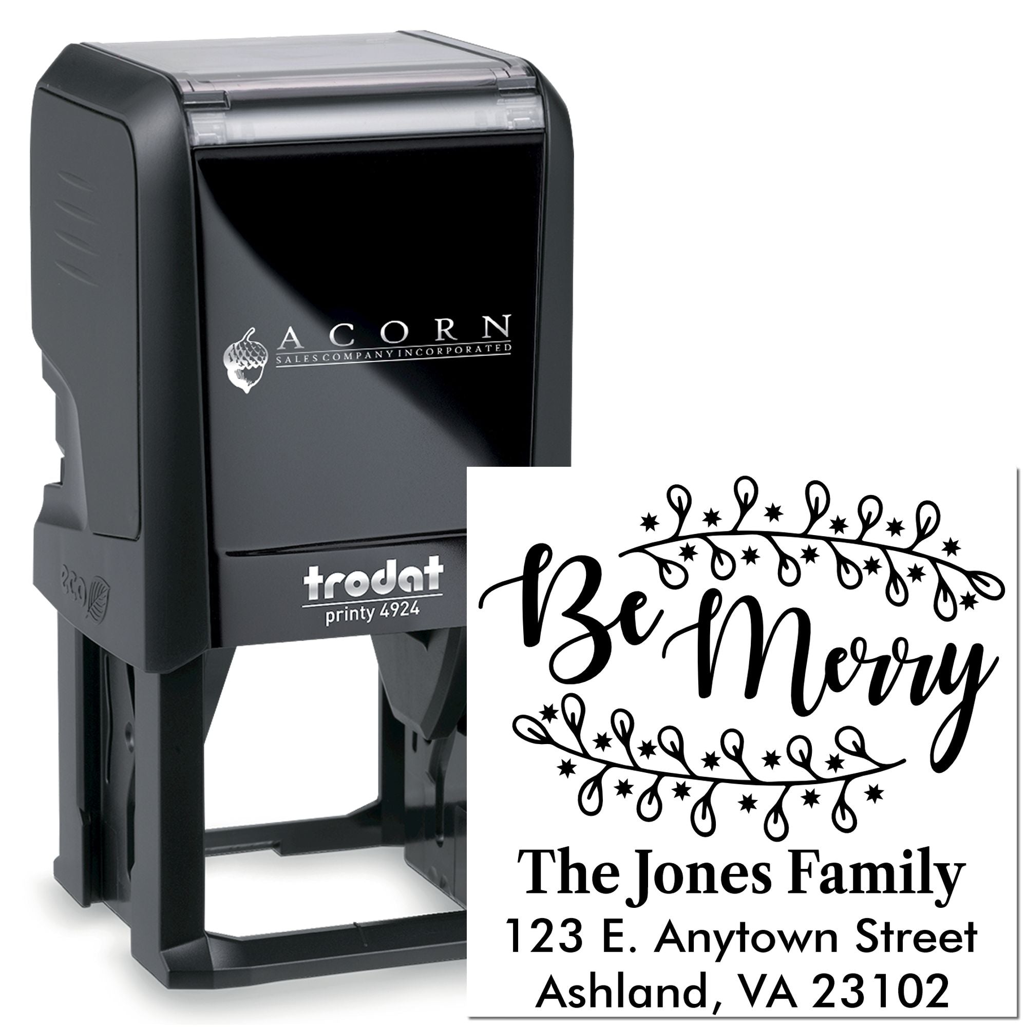 Custom self-inking rubber stamp with Be Merry holiday return address design for The Jones Family.