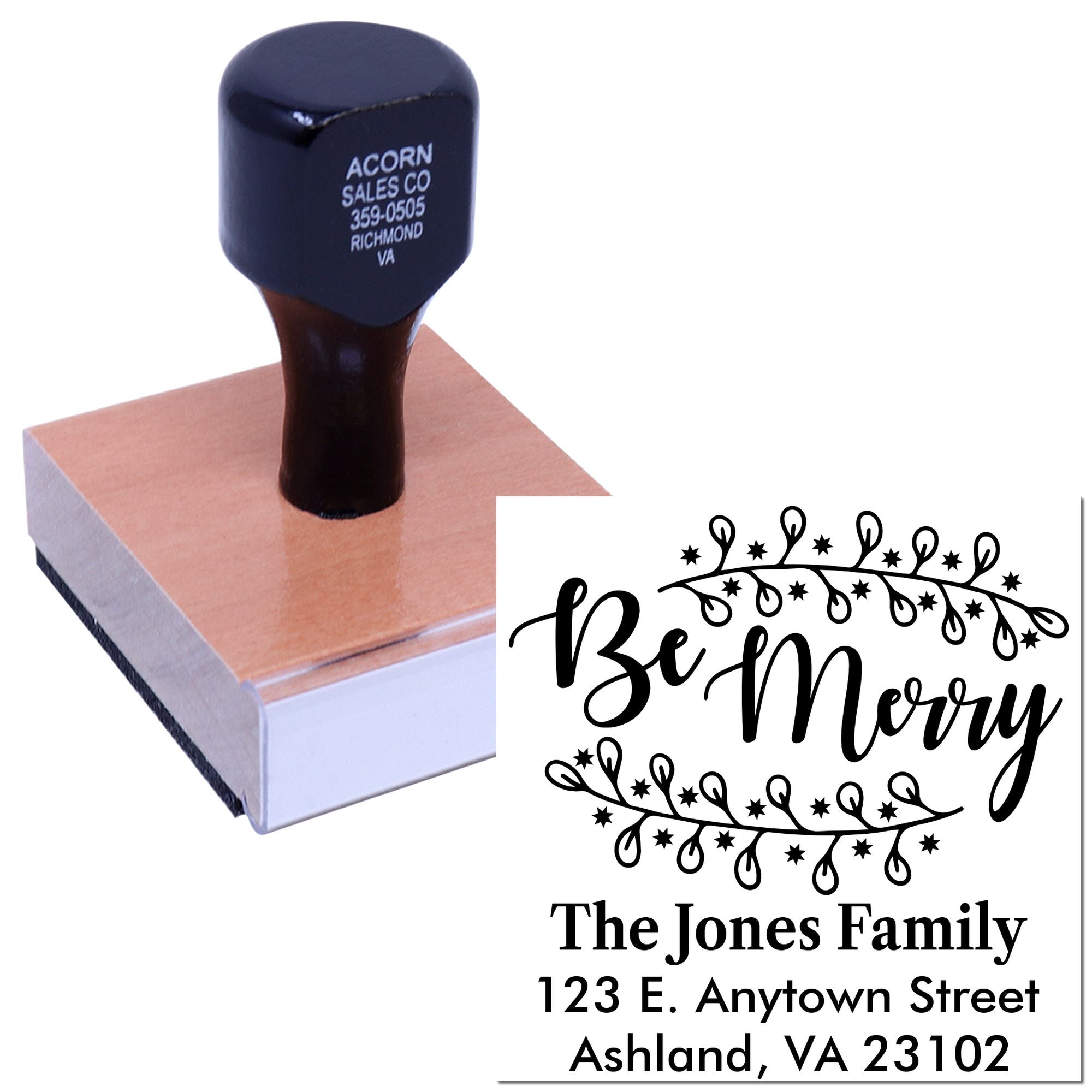 Personalized custom rubber stamp with Be Merry holiday design and family address for Christmas cards and mail.