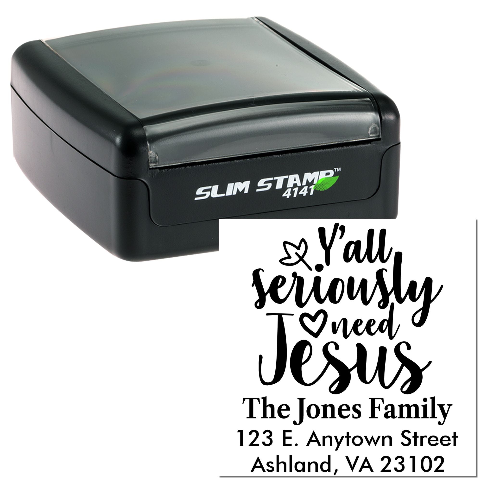 Custom self-inking rubber address stamp with family quote design and sample imprint for The Jones Family.