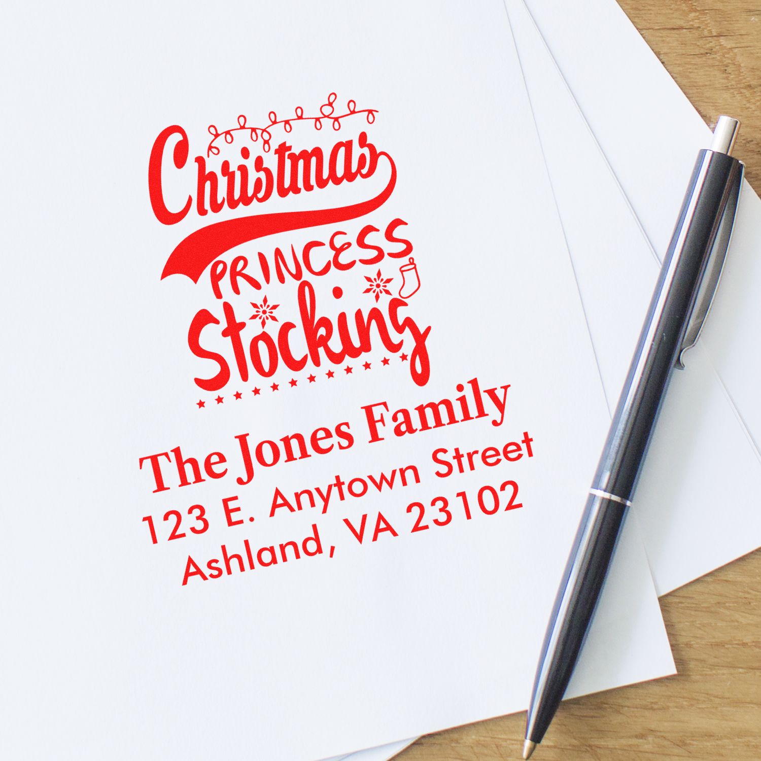 Personalized Christmas stocking return address rubber stamp for holiday cards and envelopes