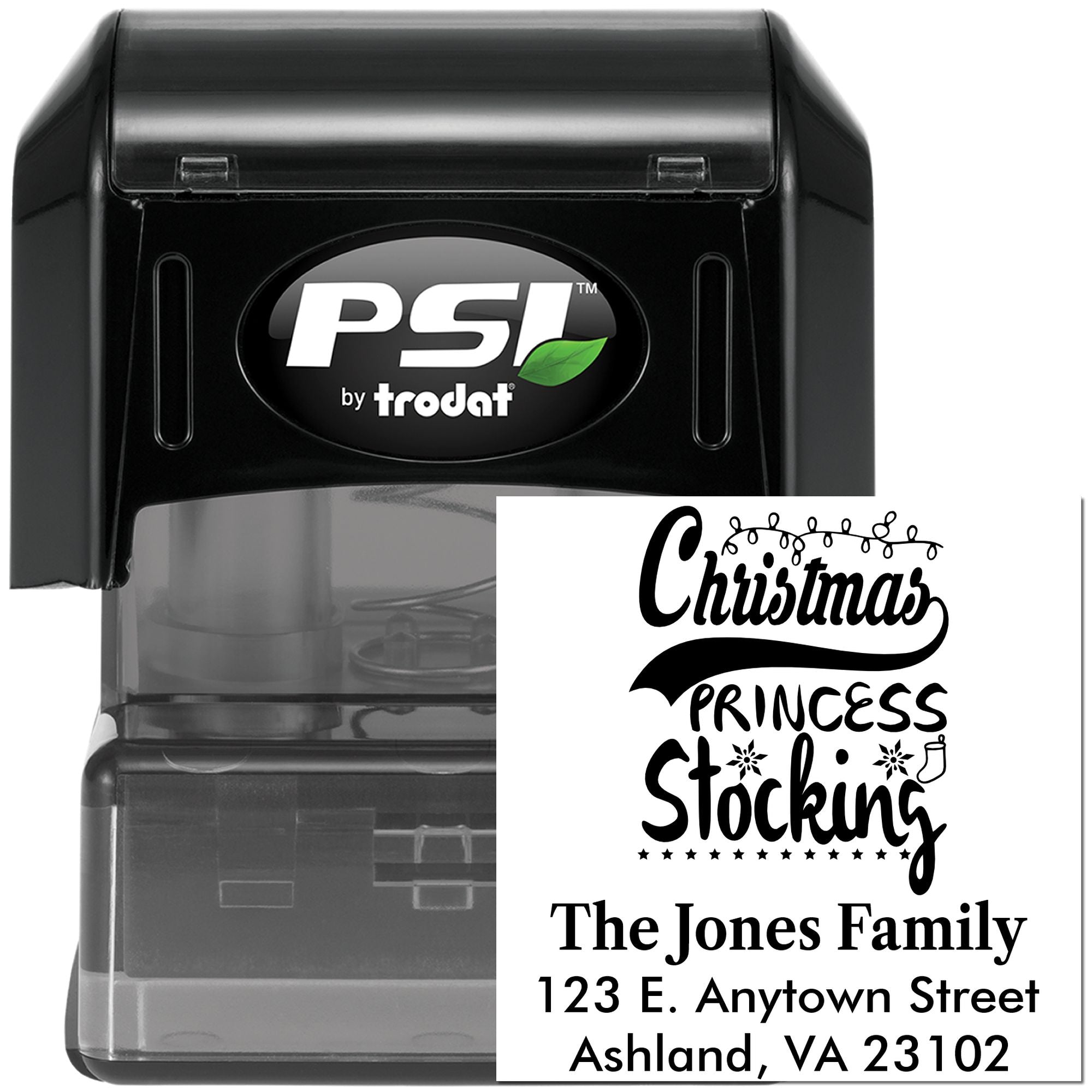 Custom self-inking Christmas return address rubber stamp with Princess Stocking design for holiday cards and mail.