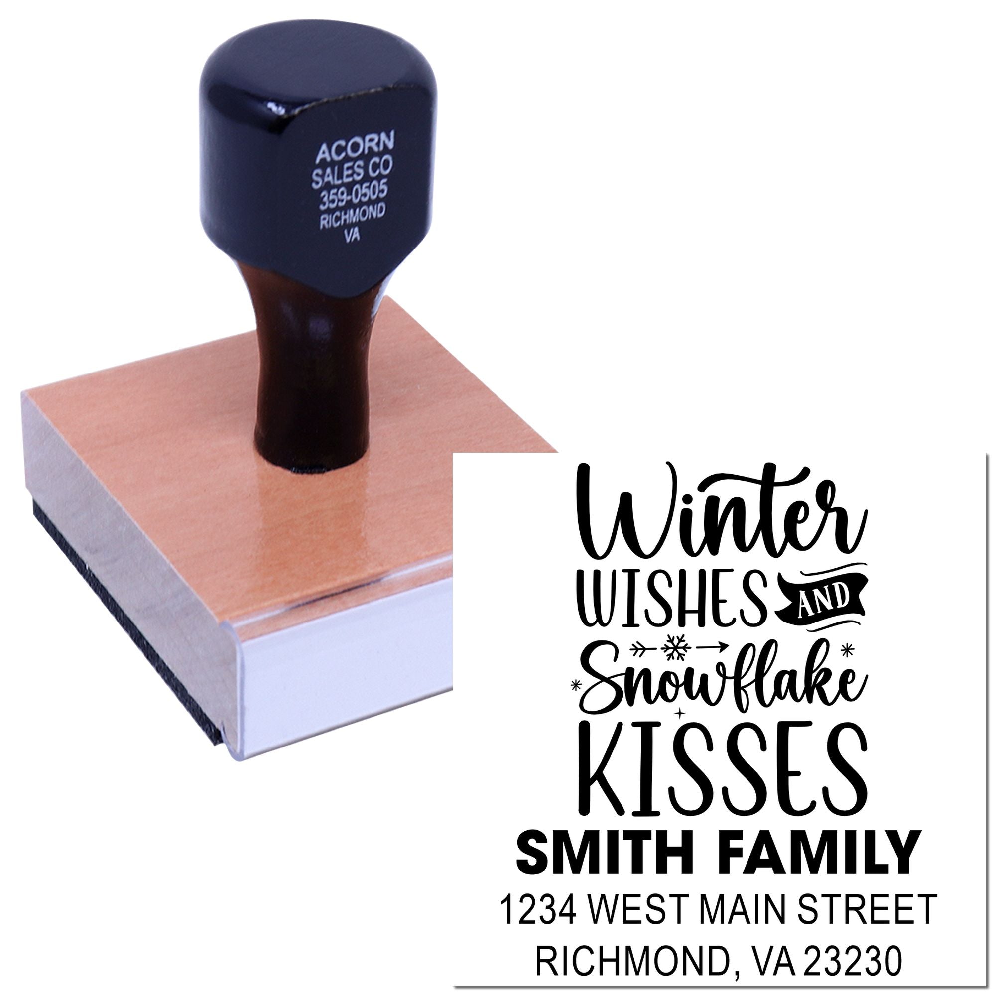 Custom rubber stamp for holiday cards featuring Winter Wishes and Kisses with personalized family name and return address.
