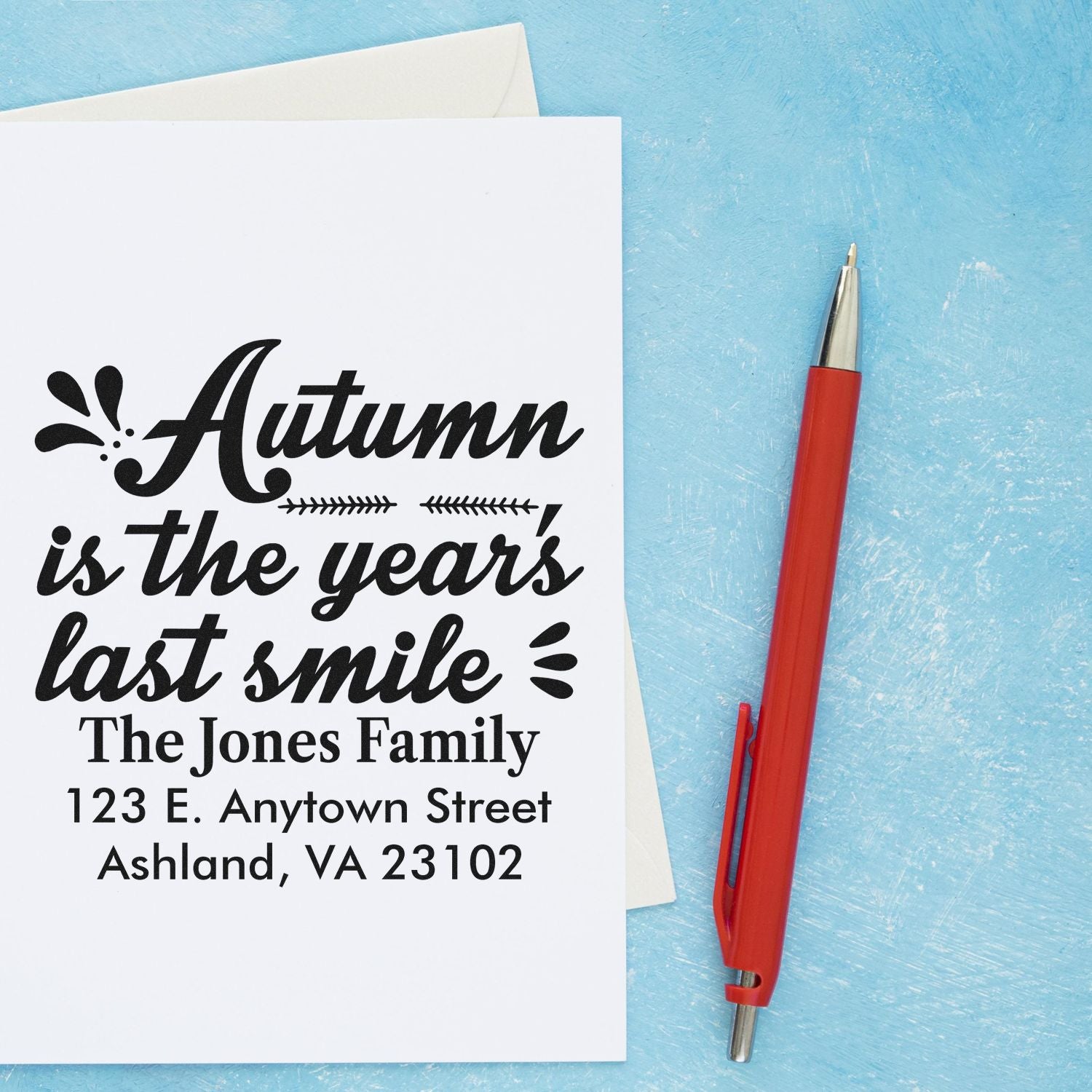 Custom return address rubber stamp for envelopes, featuring an autumn quote and personalized The Jones Family address.