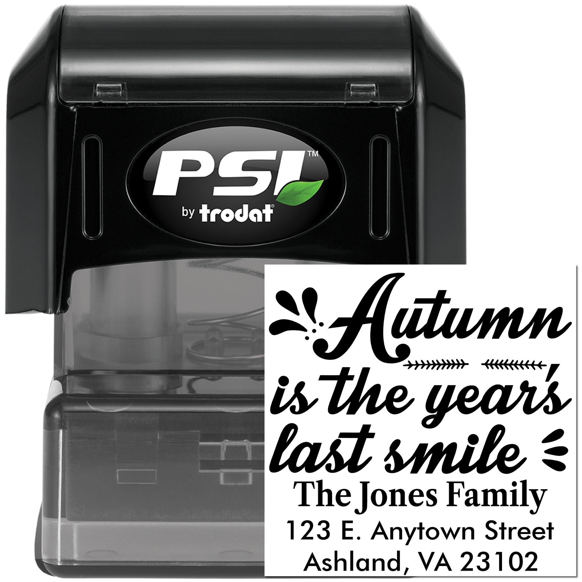 PSI by Trodat self-inking rubber stamp with custom autumn quote, family name, and address imprint.