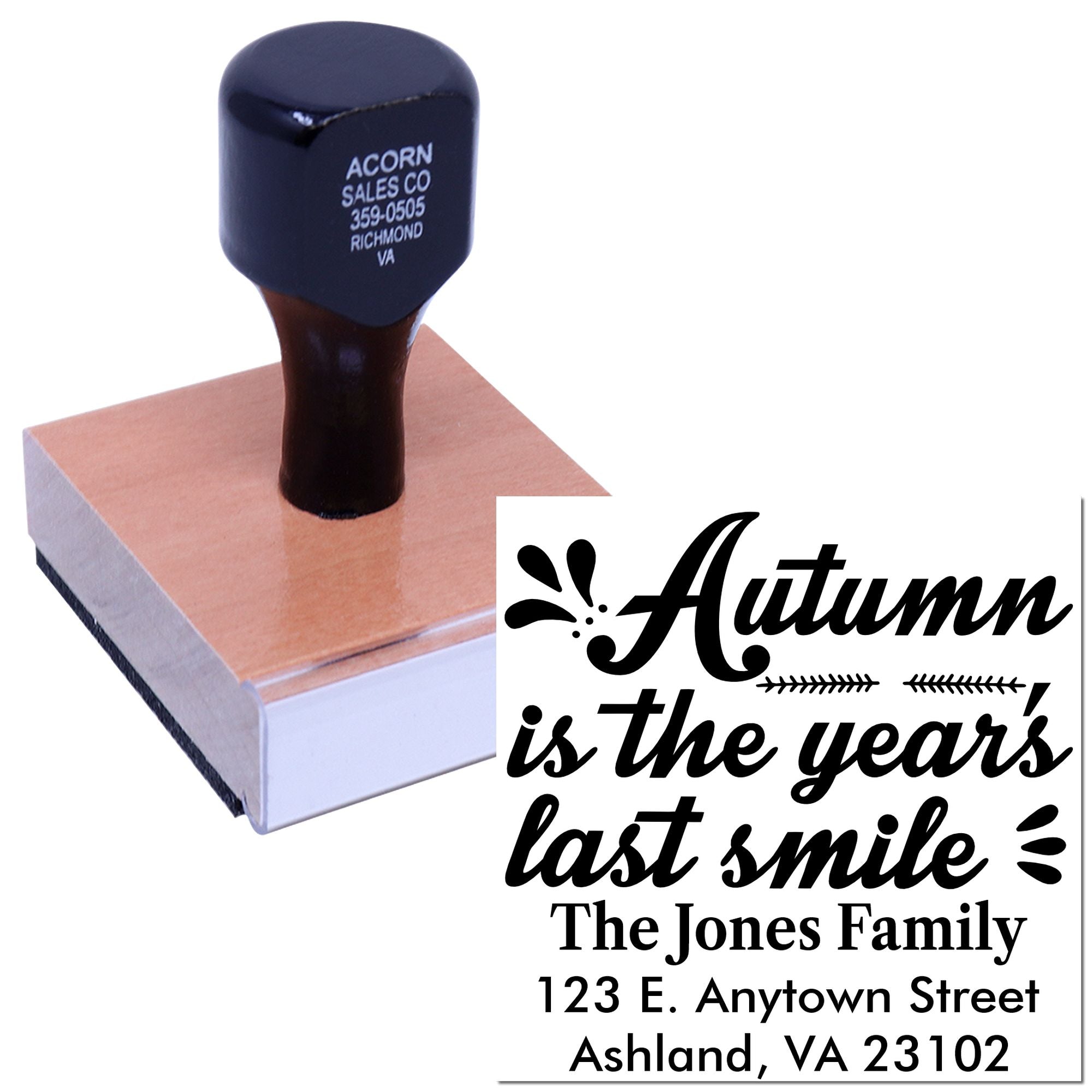 Custom rubber stamp with Autumn is the years last smile family address design for cards and stationery