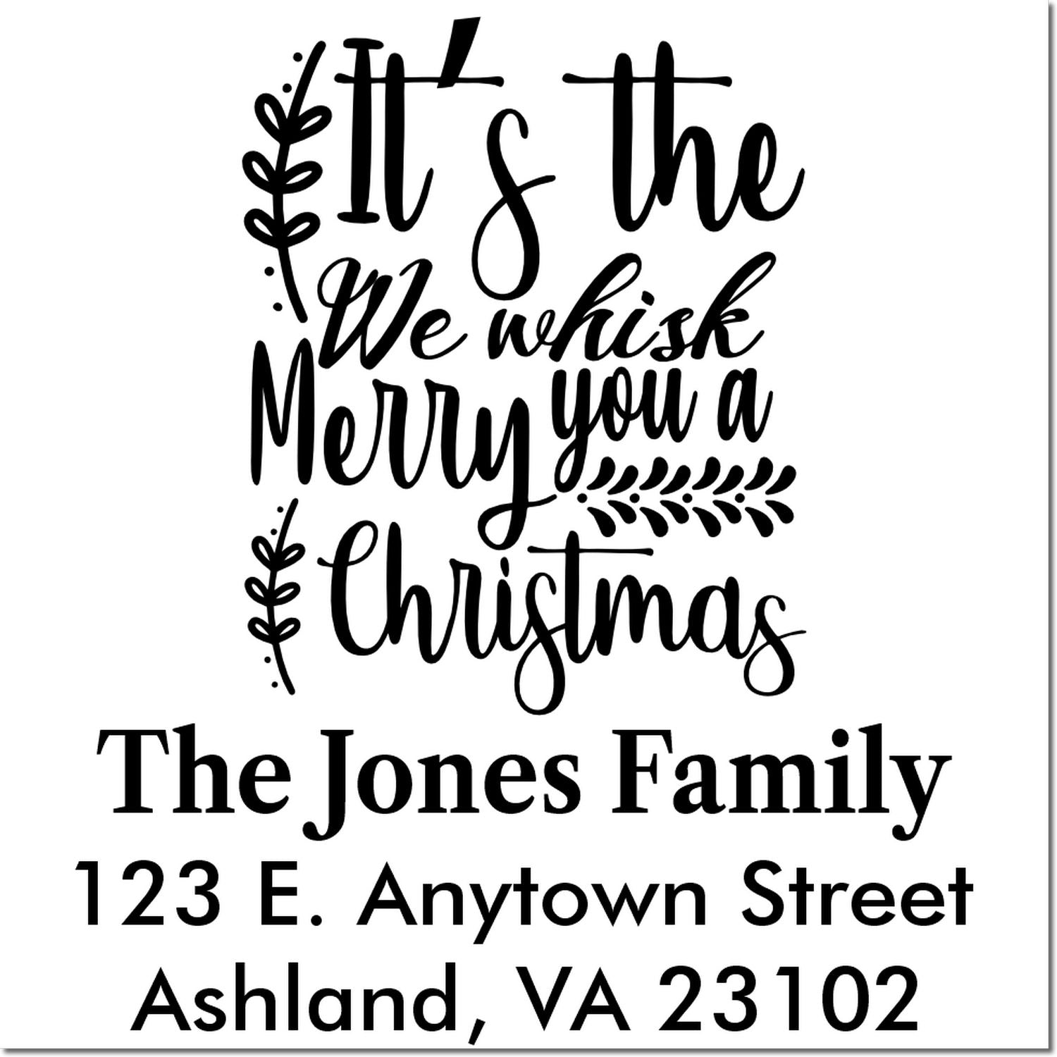 Custom Christmas rubber stamp with festive holiday greeting, The Jones Family, and return address for holiday cards.
