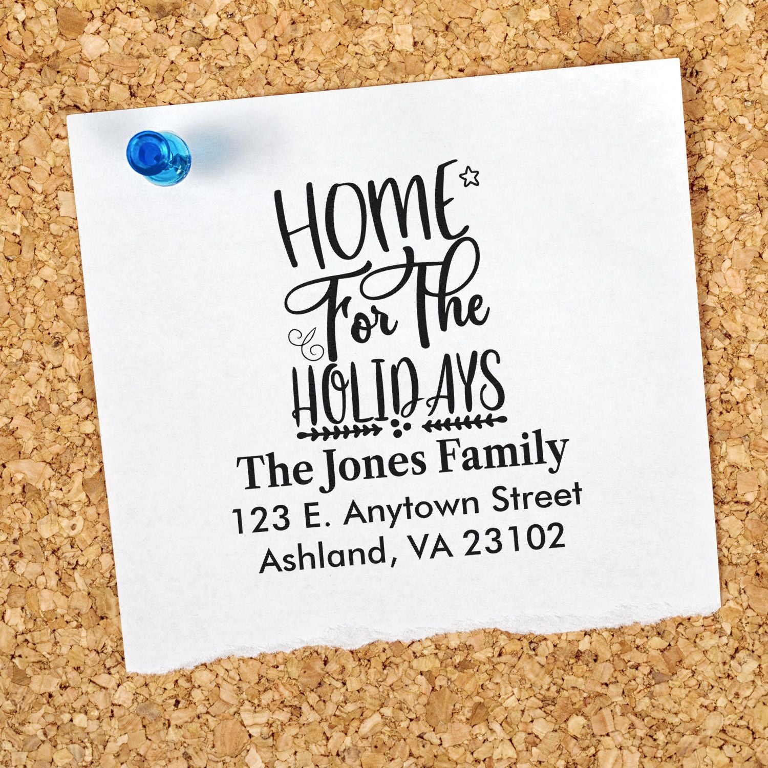 Custom holiday return address rubber stamp with Home for the Holidays design and family mailing address