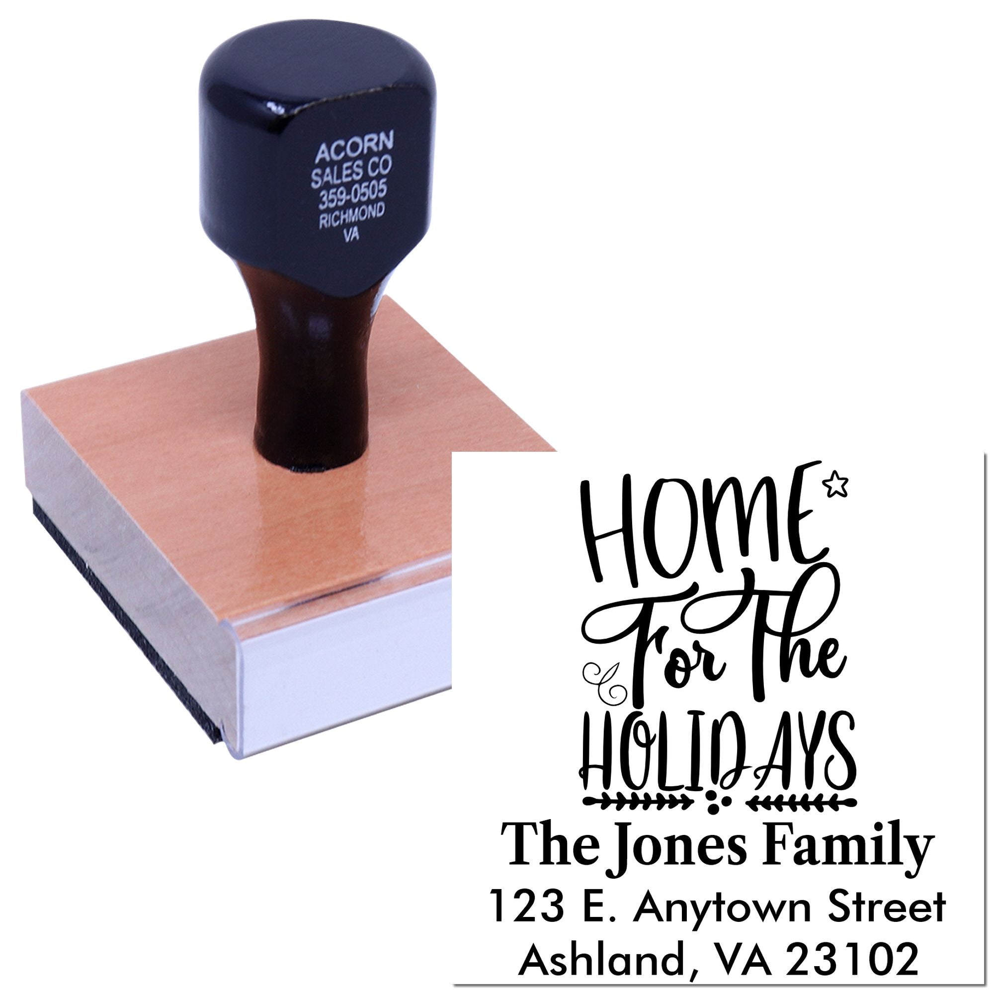 Personalized holiday return address rubber stamp with Home for the Holidays design for The Jones Family.