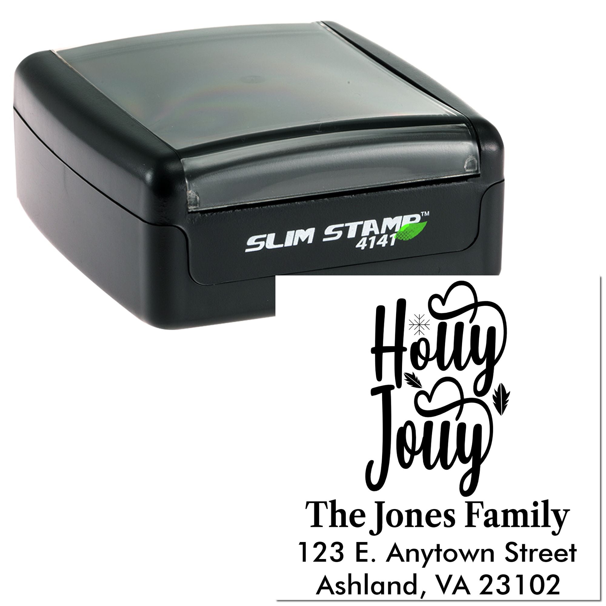 Personalized self-inking rubber stamp with Holly Jolly family address design for holiday cards and envelope addressing.
