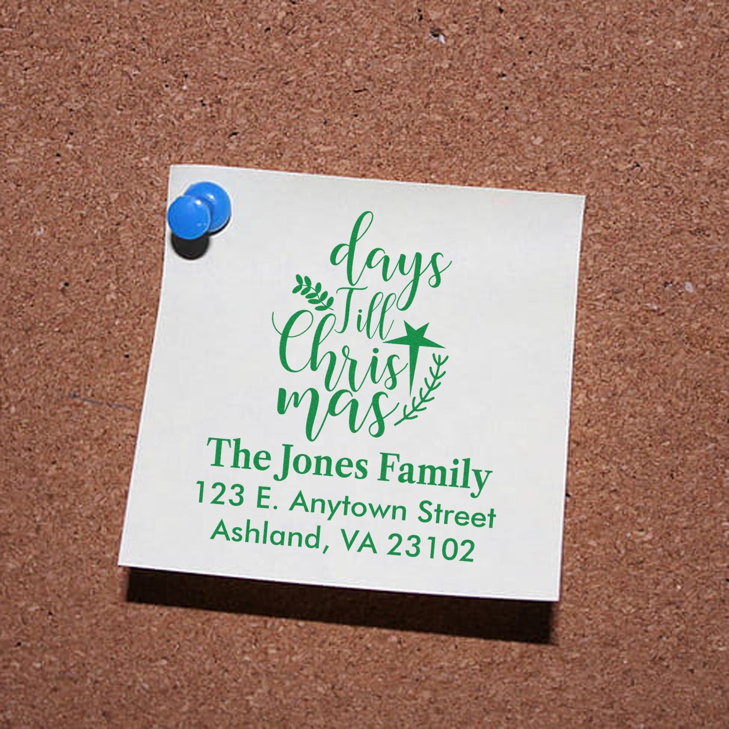 Custom Christmas return address rubber stamp with holiday Days Till Christmas design for The Jones Family, Ashland, VA.