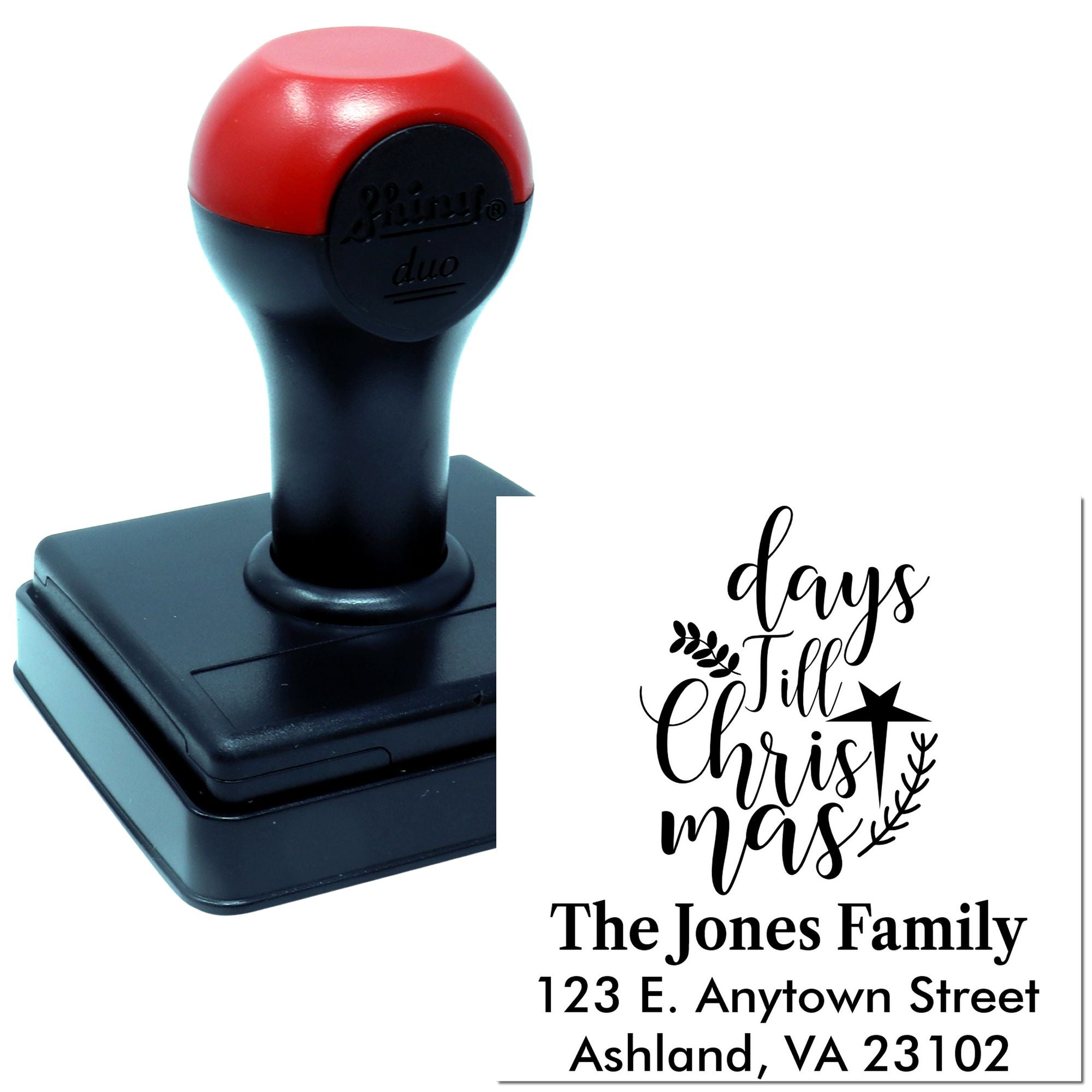 Personalized self-inking rubber stamp for holiday cards with days till Christmas design, family name, and return address.