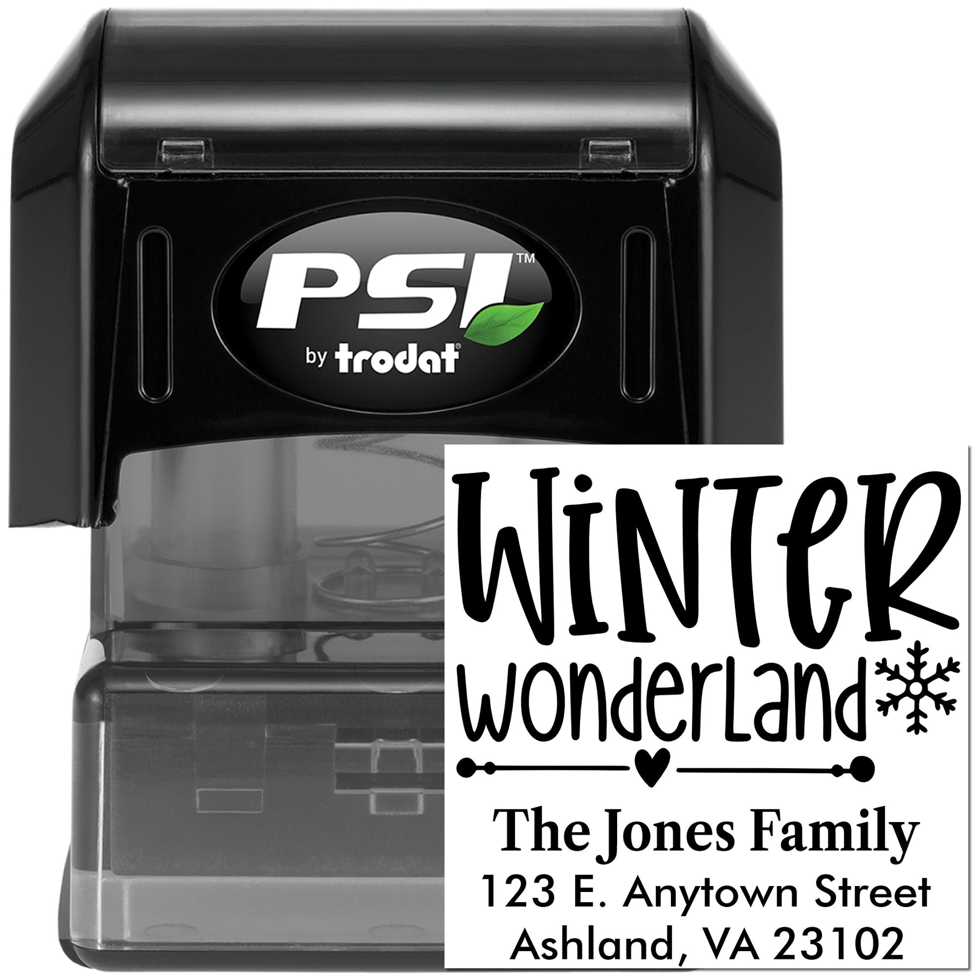 PSI by Trodat self-inking rubber stamp with custom Winter Wonderland return address design for holiday mailings and envelopes