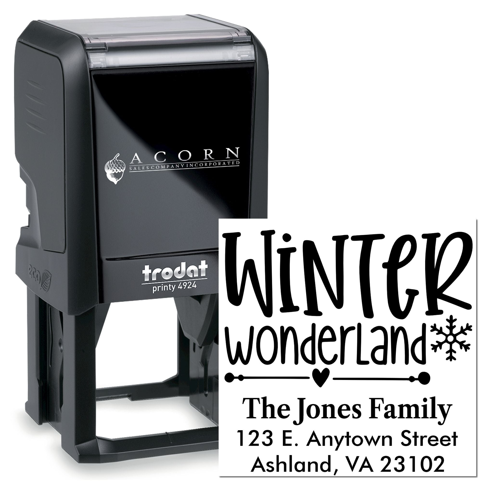 Personalized self-inking rubber address stamp with Winter Wonderland design for holiday cards, envelopes, and return mail.