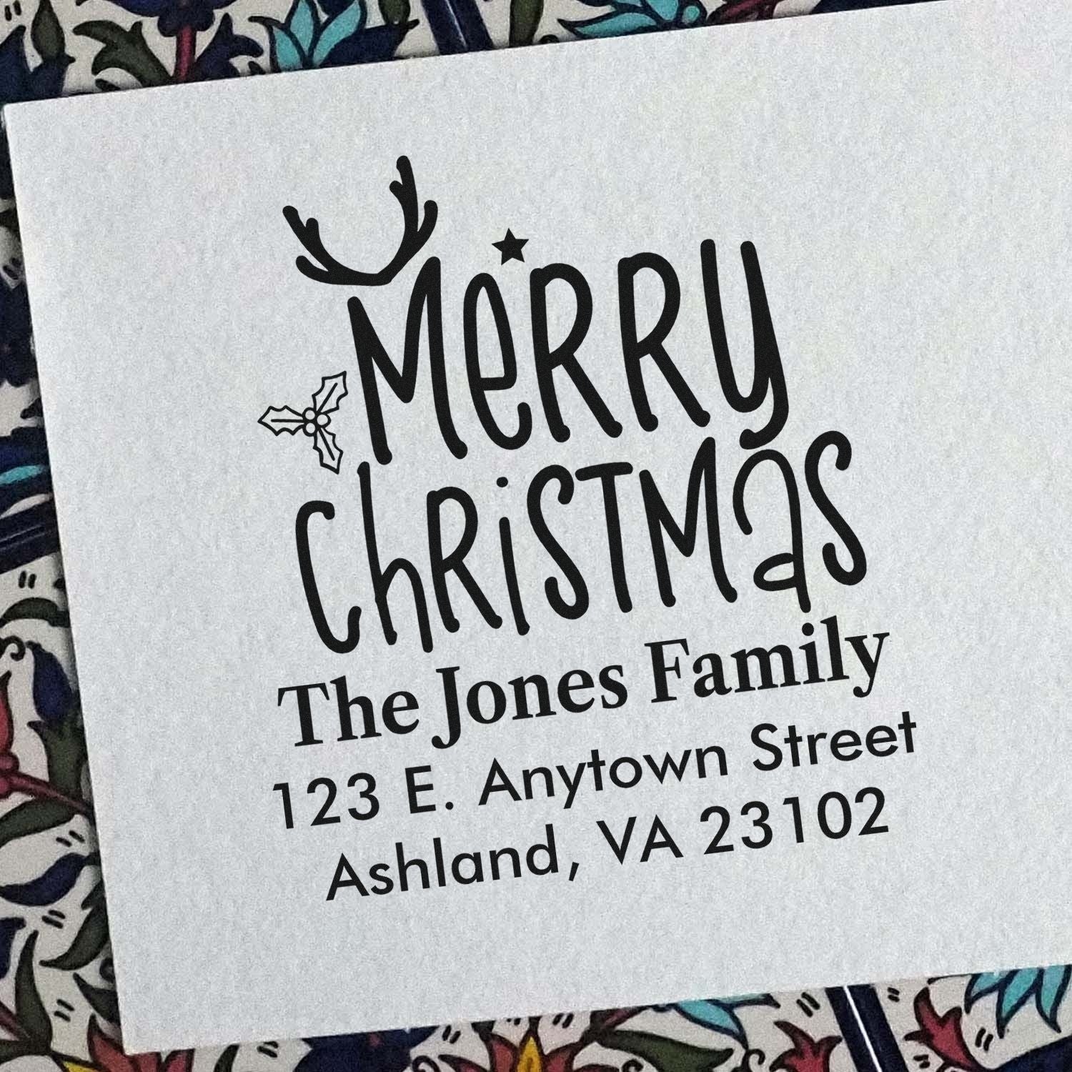 Personalized Merry Christmas return address rubber stamp for holiday cards and festive mailings.