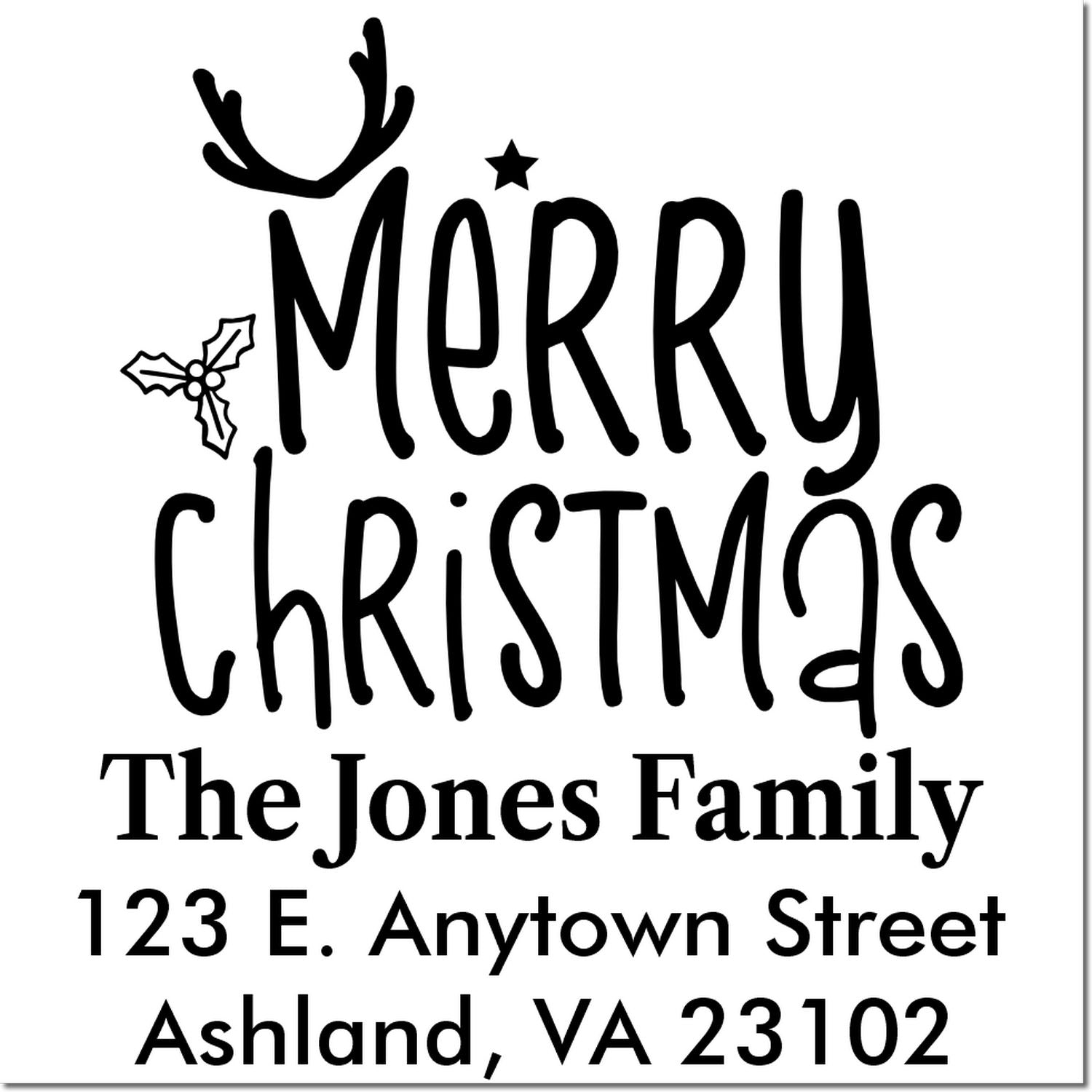 Custom Merry Christmas return address rubber stamp with family name and address for holiday cards and mail.