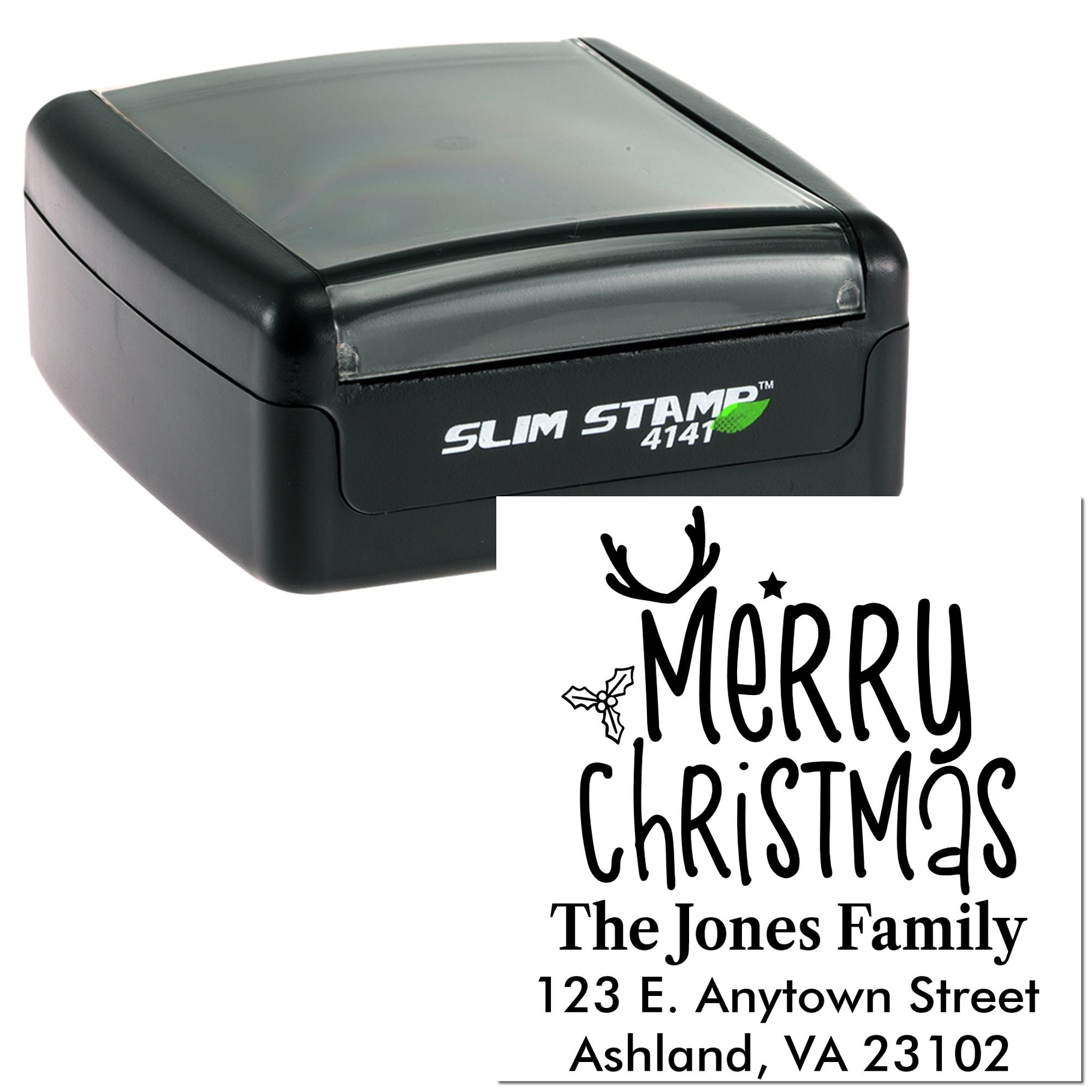 Slim Stamp 4141 custom rubber stamp with Merry Christmas return address design for The Jones Family holiday cards