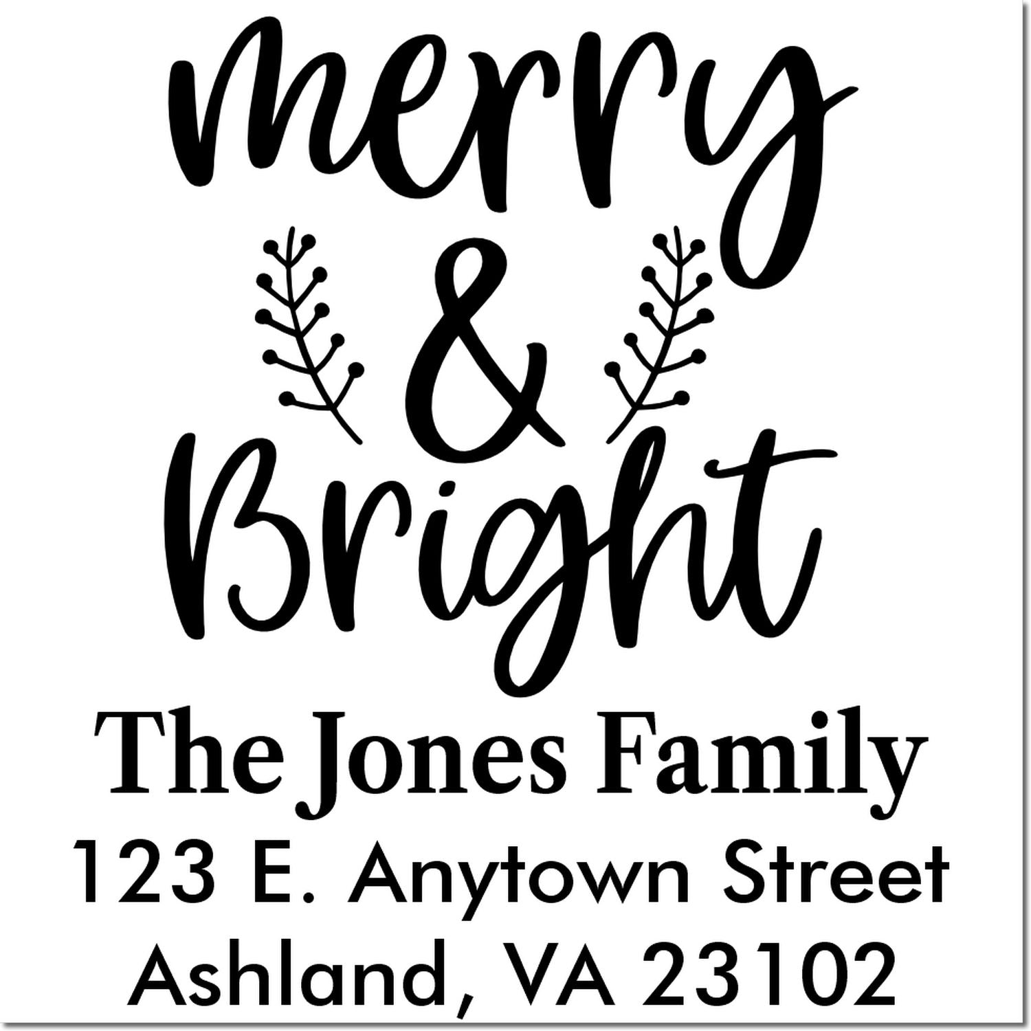 Custom Merry & Bright return address rubber stamp for holiday cards, featuring The Jones Family.