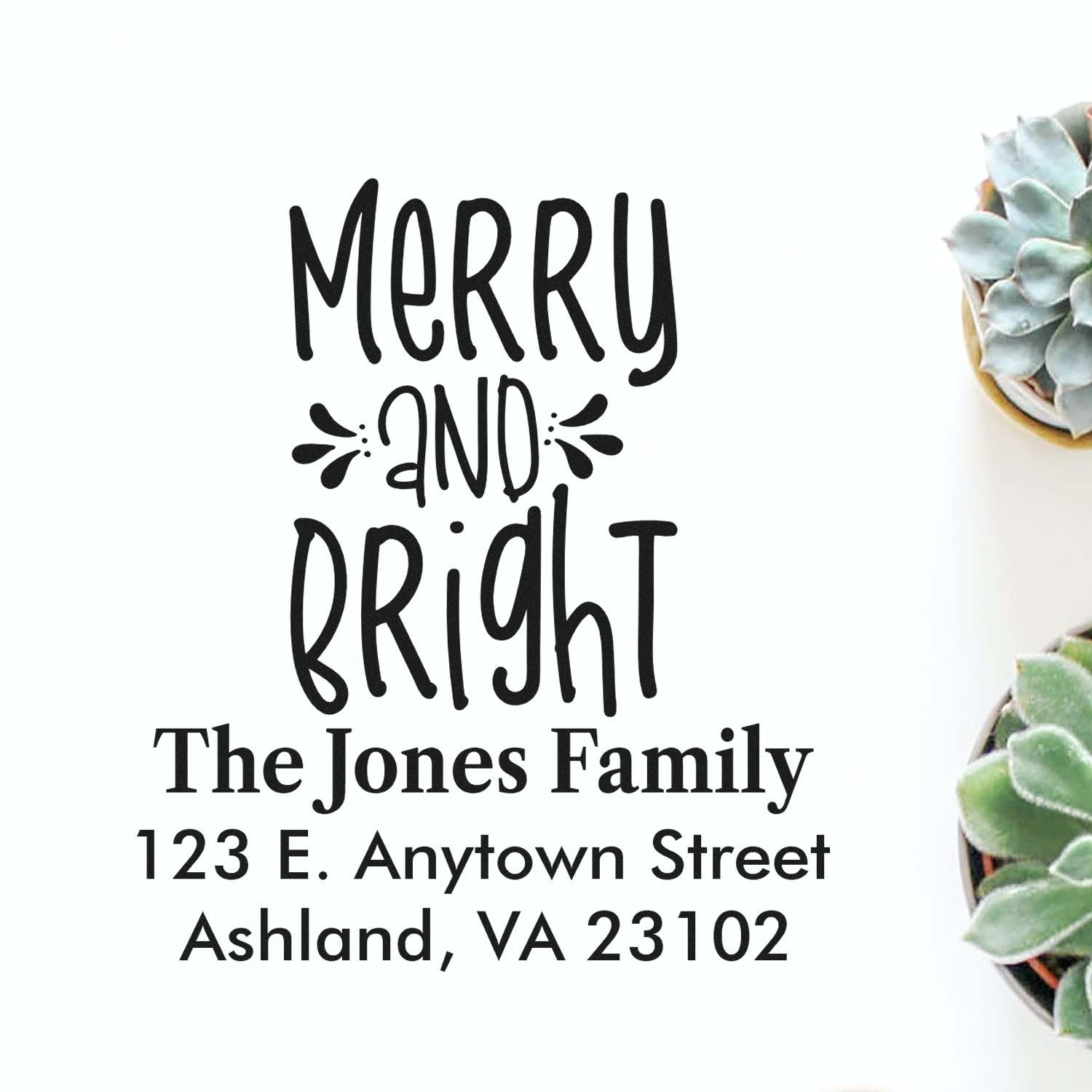 Custom Merry and Bright address rubber stamp for The Jones Family, with holiday greeting and return address.