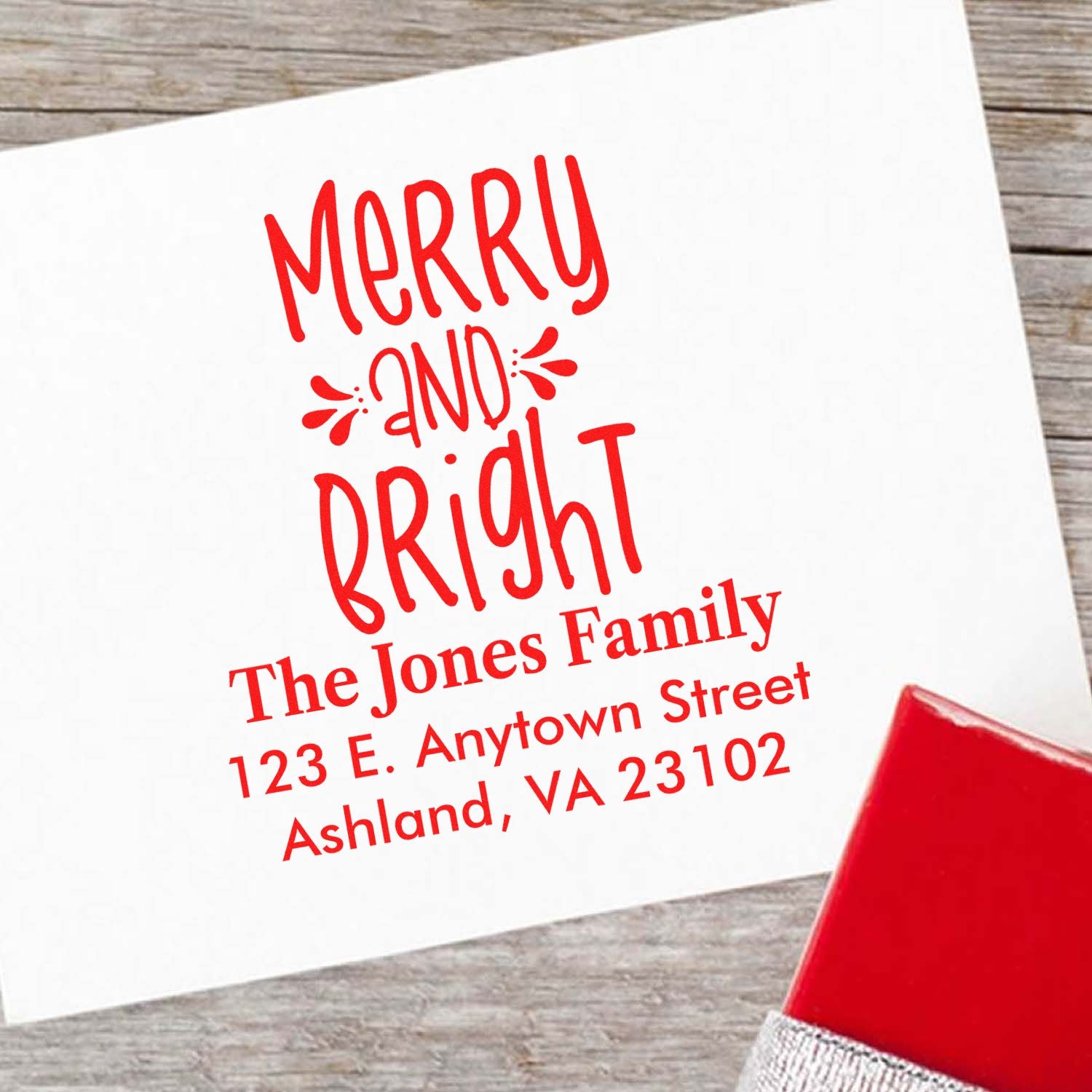 Custom Merry and Bright return address rubber stamp for holiday cards, featuring the Jones Family address.