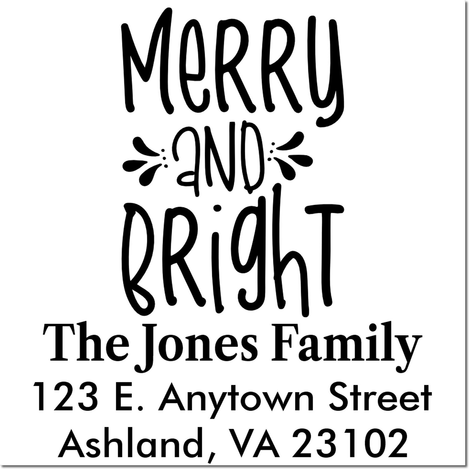 Custom Merry and Bright rubber stamp with The Jones Family address, Ashland VA 23102, for holiday card envelopes.
