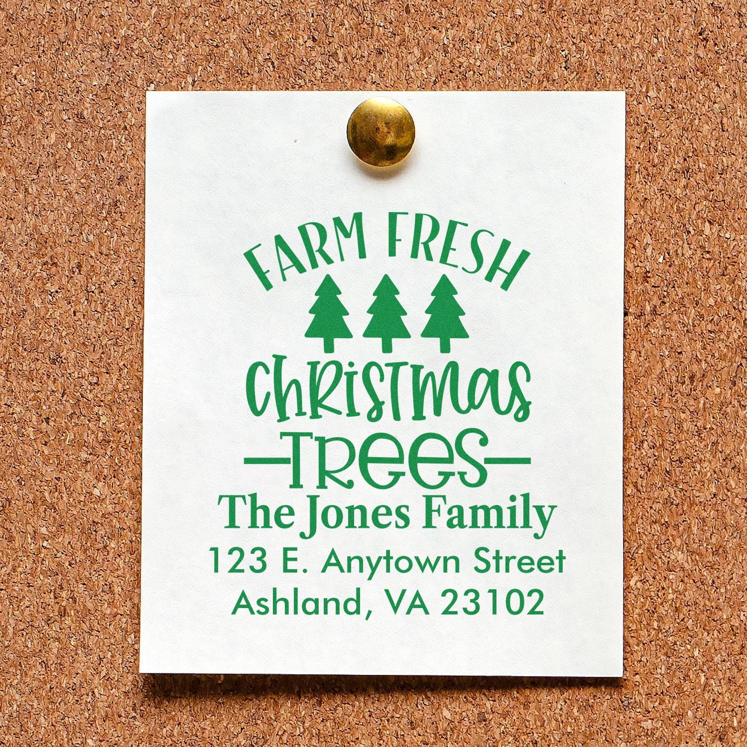 Personalized Farm Fresh Christmas Trees rubber address stamp for holiday mailings, featuring family name and custom return address.