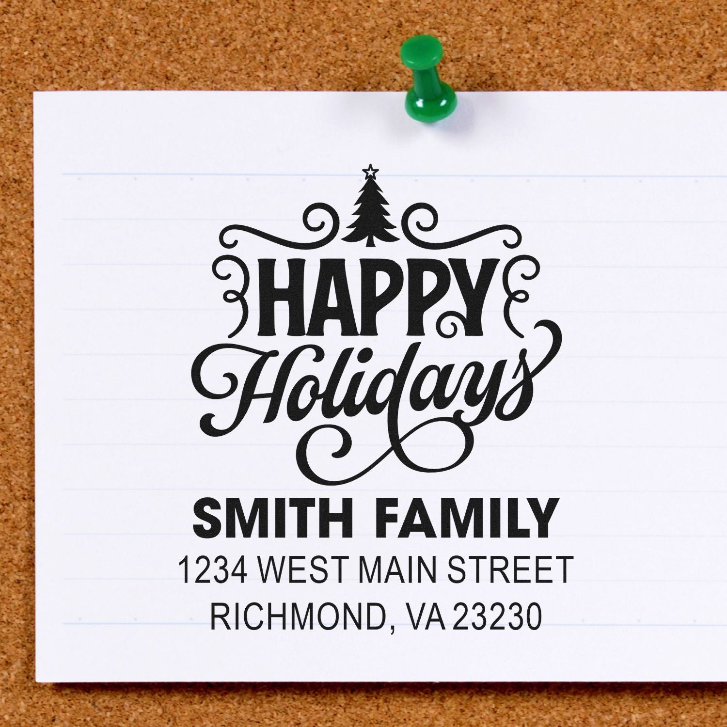 Personalized Happy Holidays address rubber stamp with Smith Family name and Richmond, VA return address.