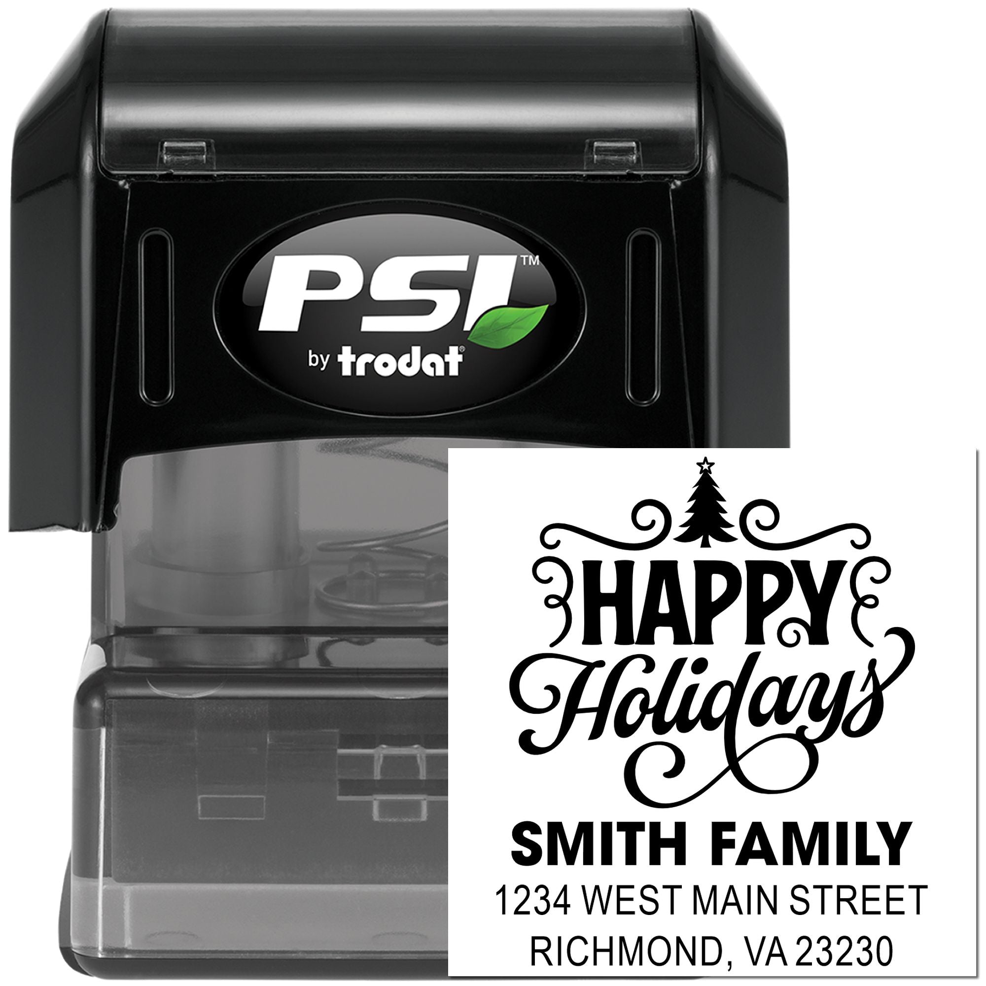 Custom self-inking holiday address rubber stamp by PSI by Trodat with festive Happy Holidays Smith Family design.