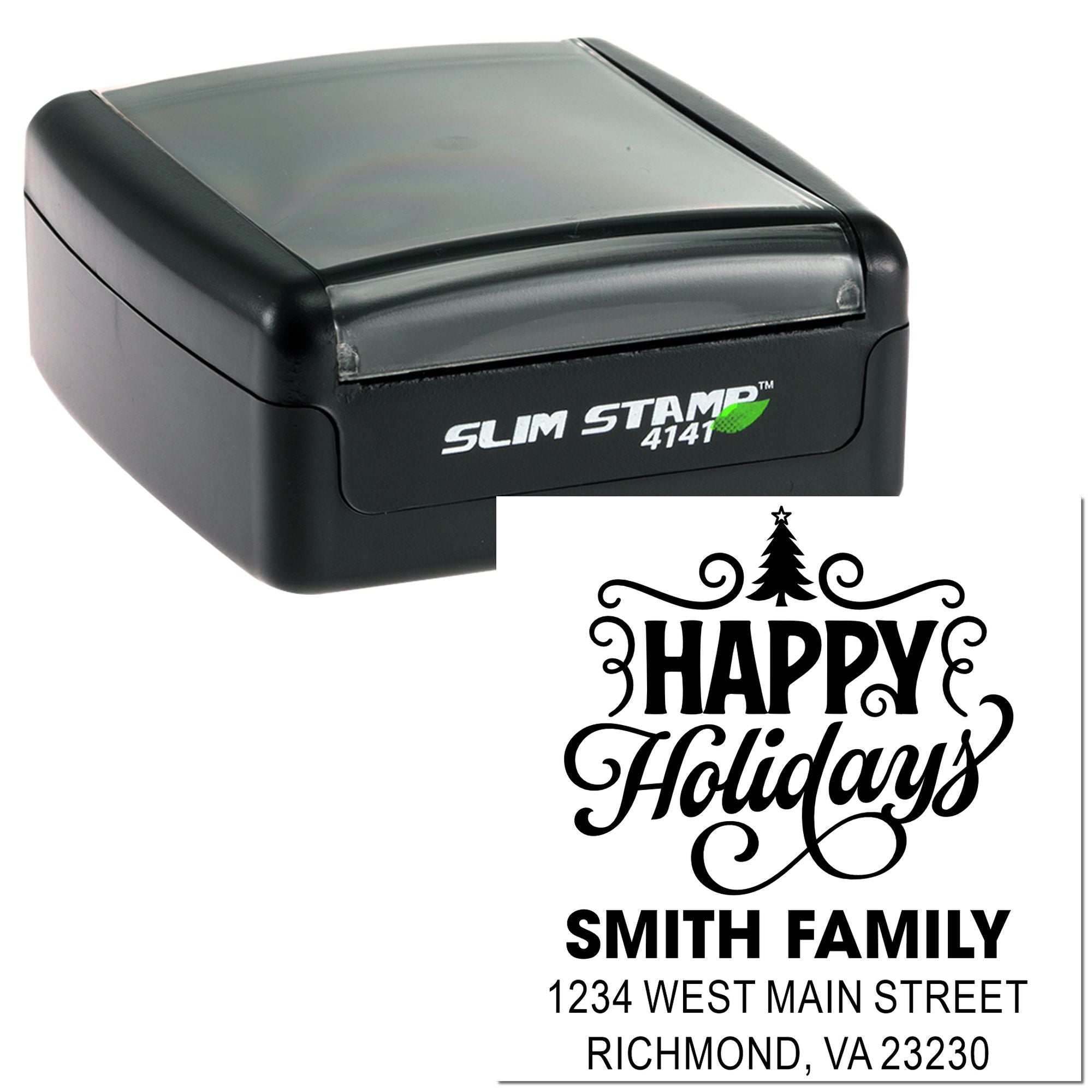 Custom self-inking holiday address rubber stamp with Happy Holidays design and Smith family address for envelopes.