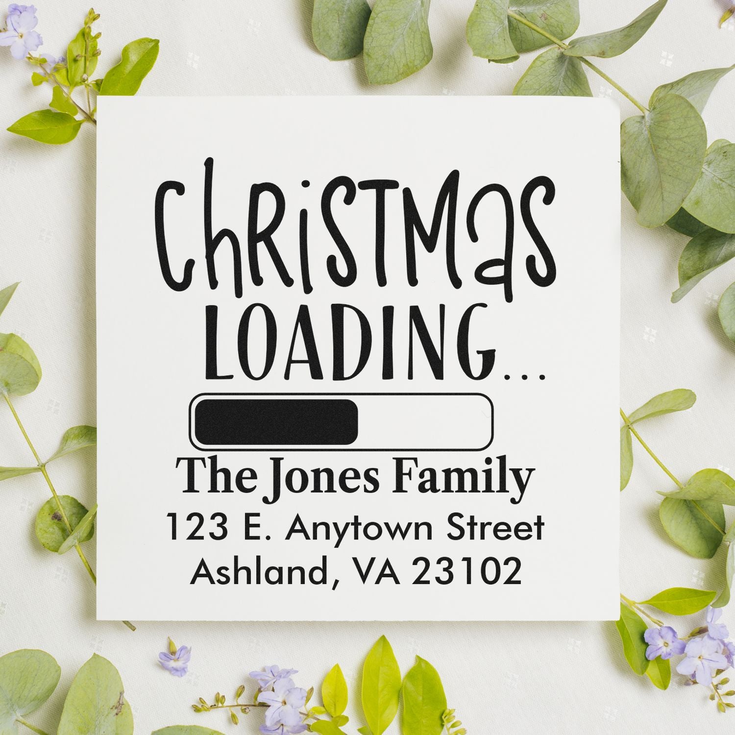 Personalized Christmas address rubber stamp design with Christmas Loading progress bar and family name.