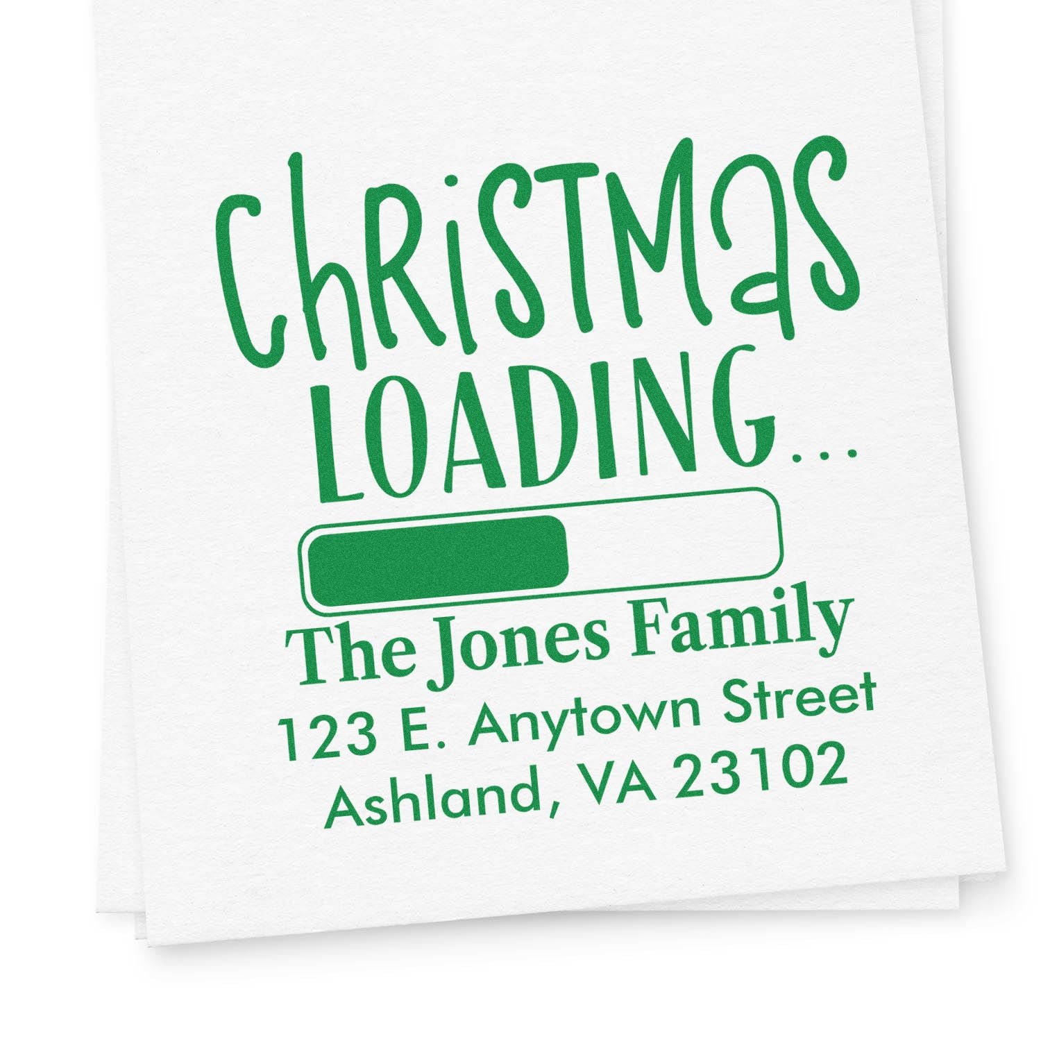 Personalized Christmas return address rubber stamp with family name, address, and progress bar design for holiday mail.