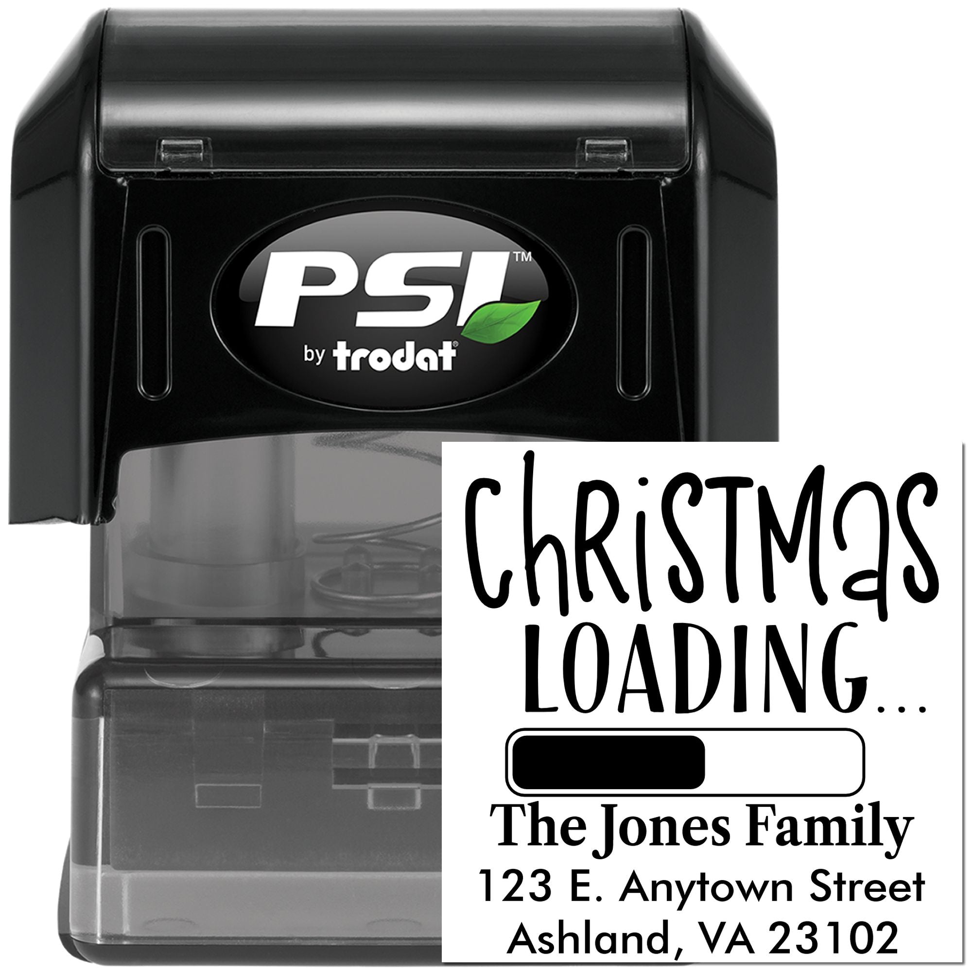 Custom self-inking Christmas return address stamp by PSI by Trodat, featuring festive Christmas Loading text and family address.