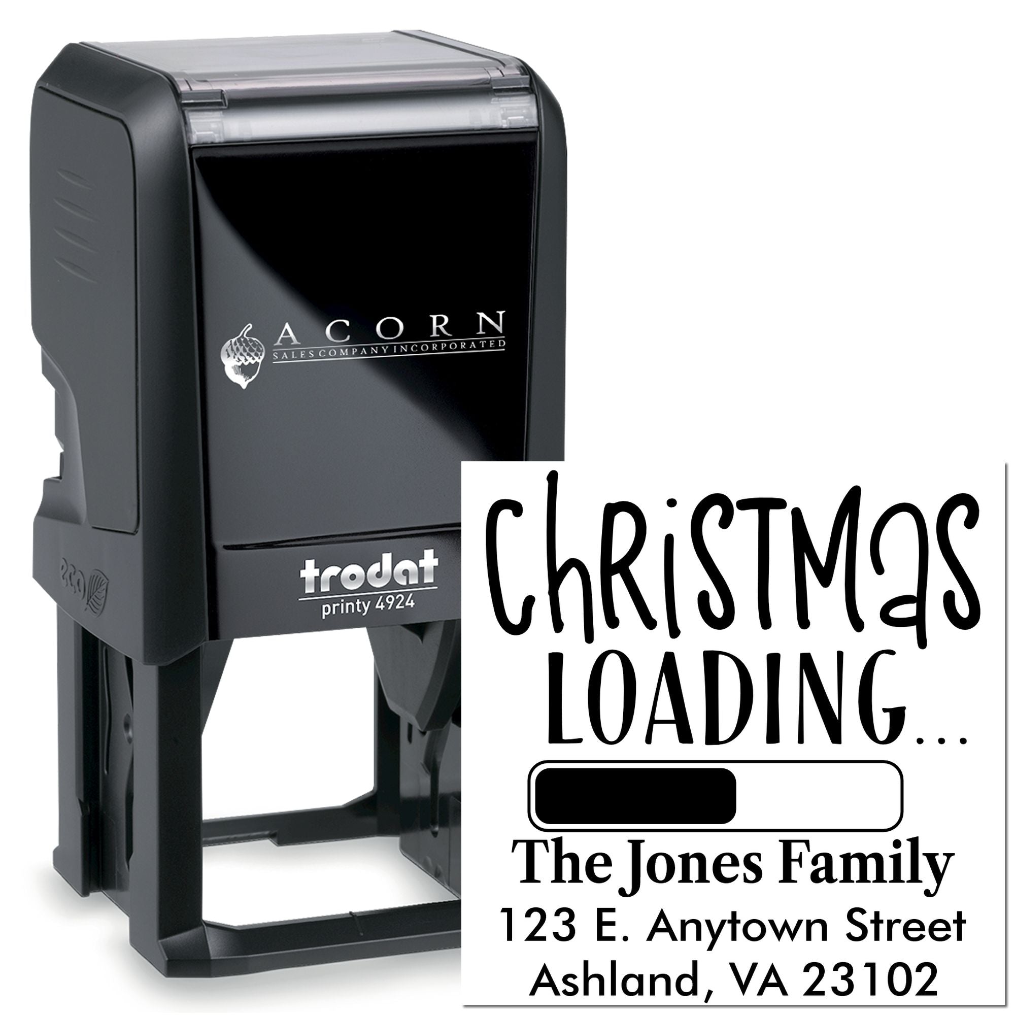 Custom Christmas return address self-inking rubber stamp with holiday loading design and family address.