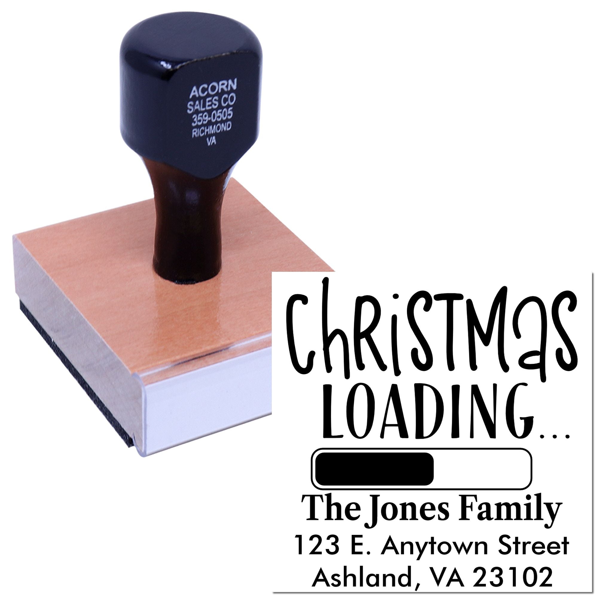 Custom Christmas Loading rubber stamp with family name and return address for holiday cards.