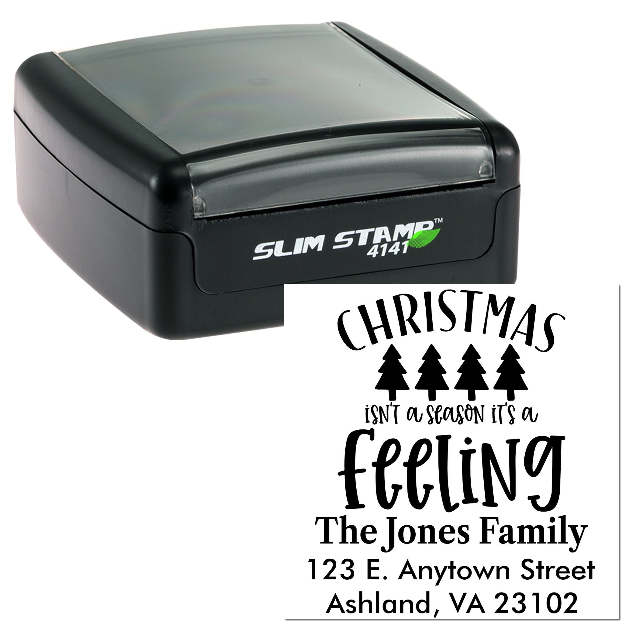 Slim self-inking Christmas rubber stamp with custom holiday message, family name, and return address for cards and envelopes.
