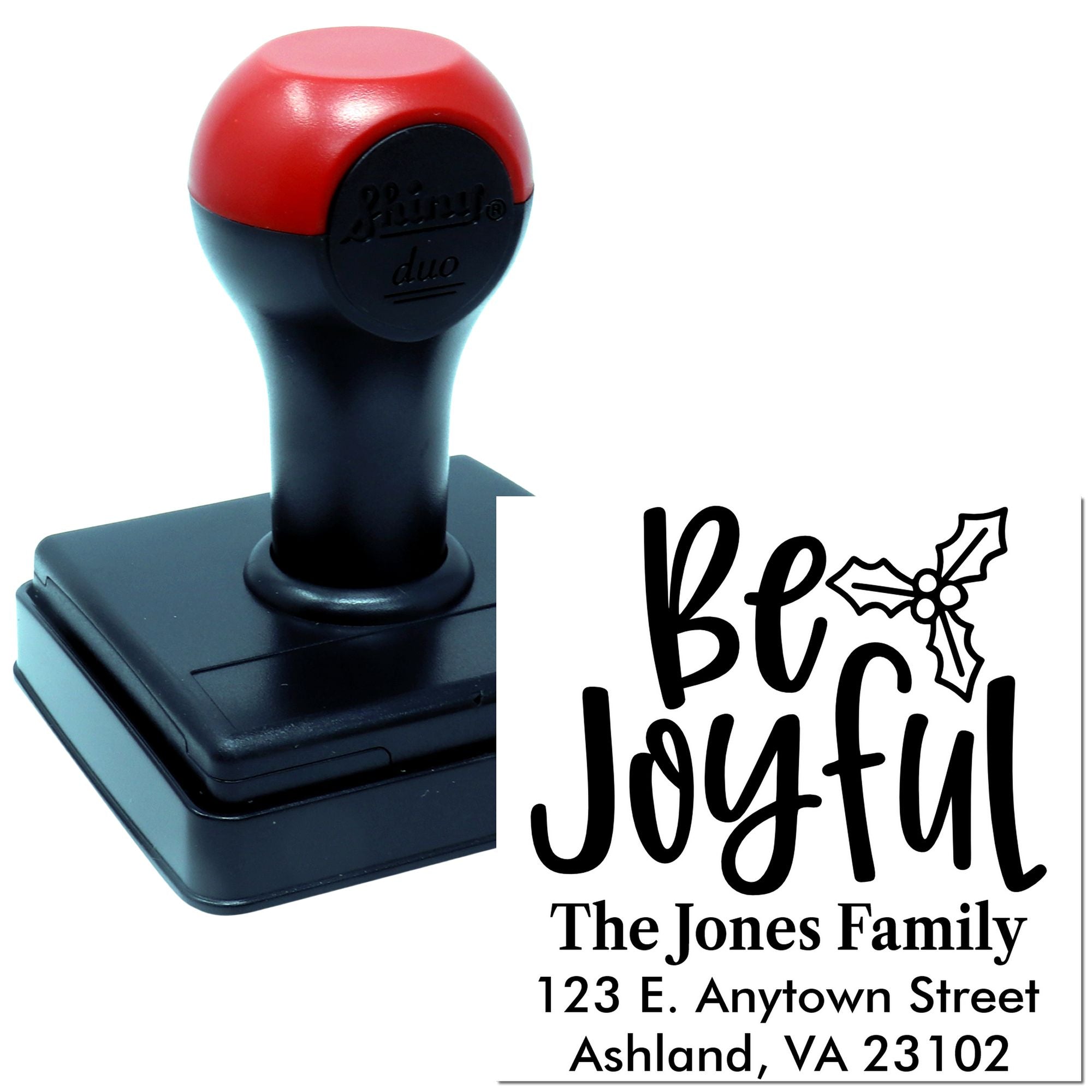 Custom self-inking holiday return address stamp with Be Joyful design for The Jones Family, Ashland, VA.