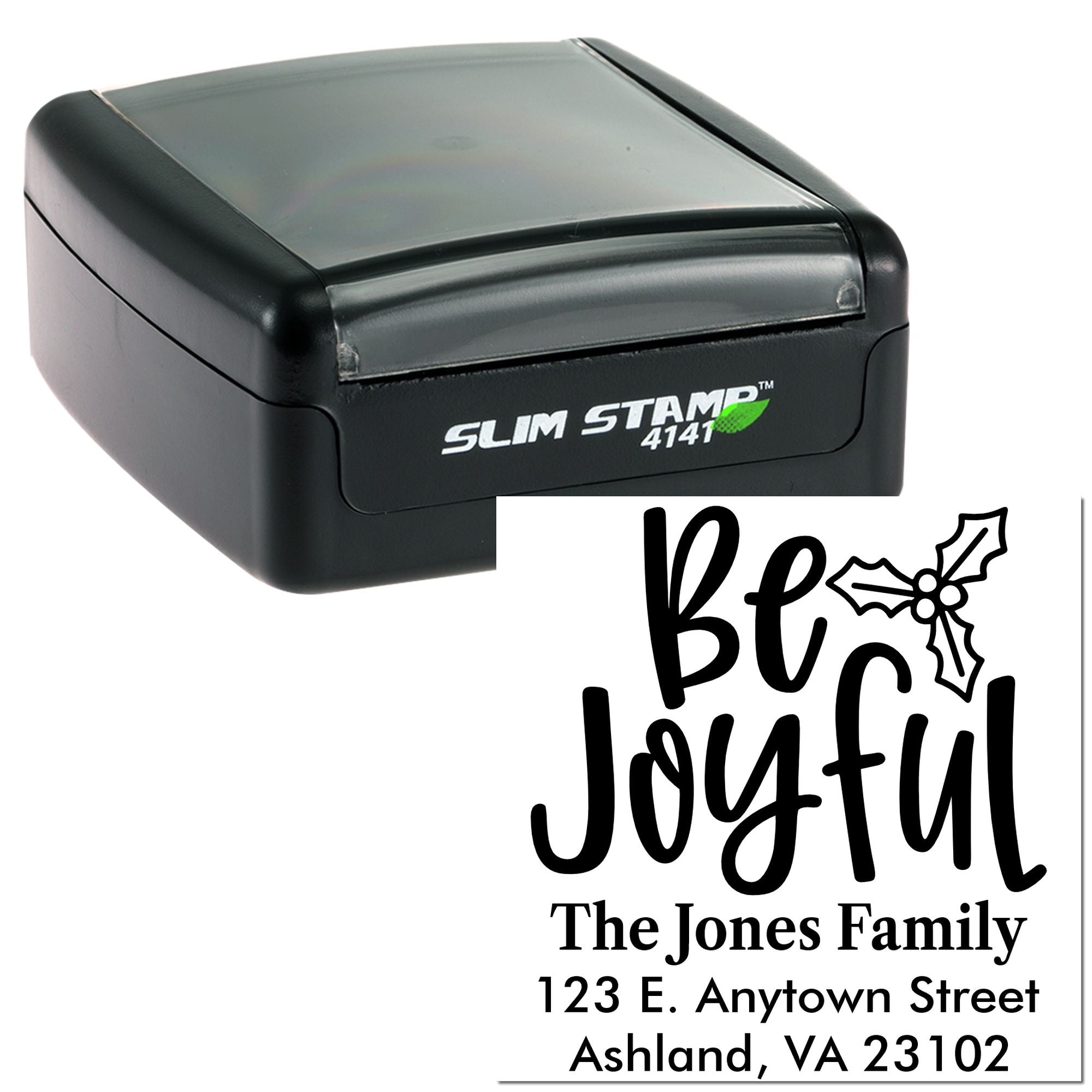 Personalized self-inking rubber stamp with Be Joyful family address design for custom holiday cards and mailing.