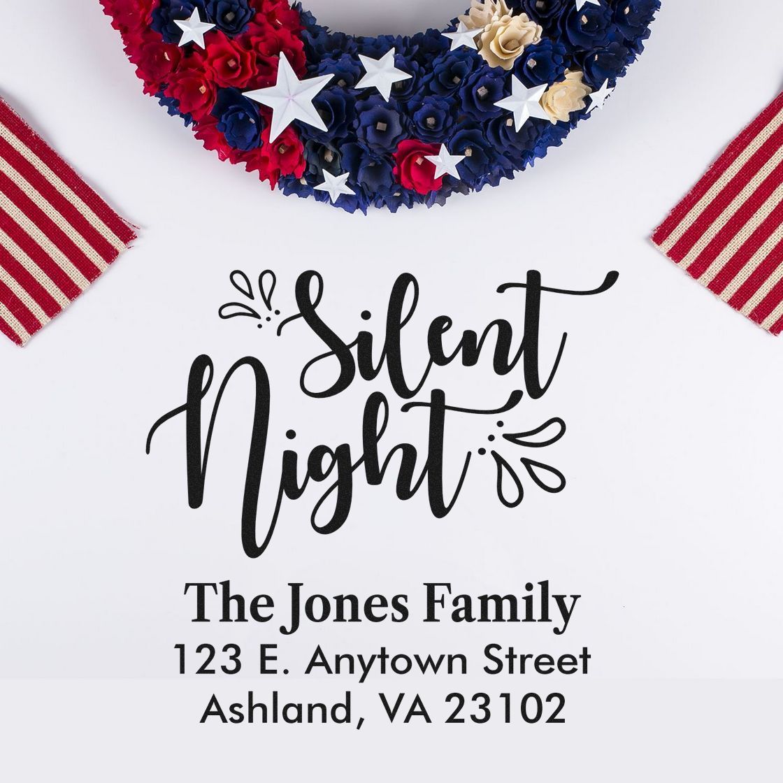 Personalized Silent Night Christmas address rubber stamp for holiday cards and return mail.