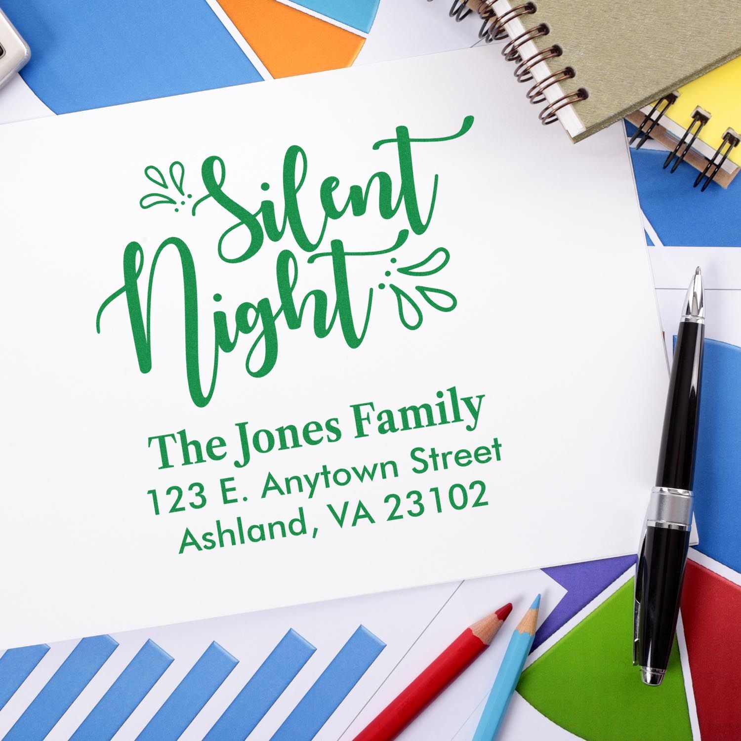 Custom Silent Night rubber stamp with family name and address, ideal for holiday stationery and Christmas envelopes.